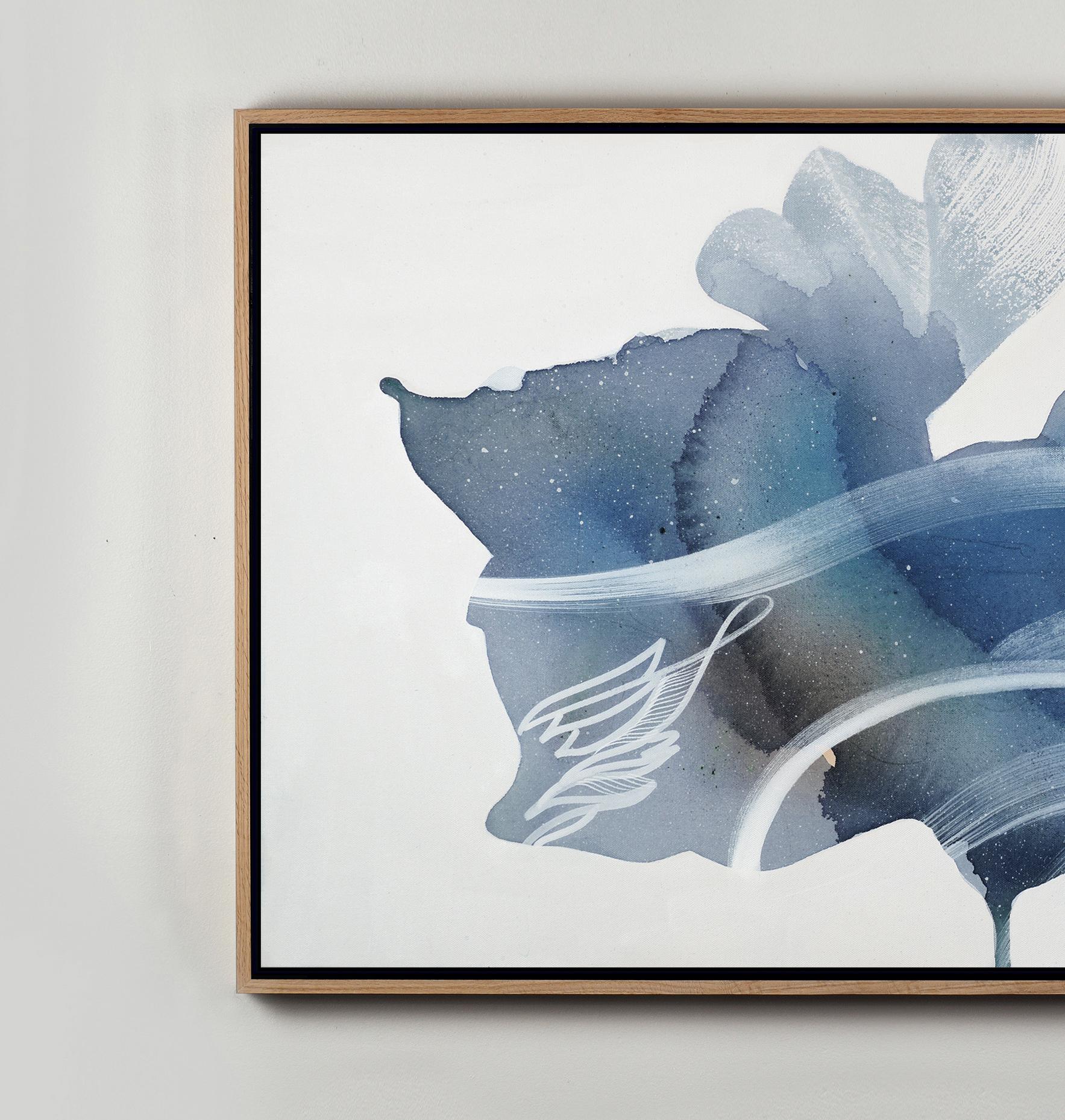 Angel, Original Framed Signed Contemporary Abstract Painting in Blue and White For Sale 1