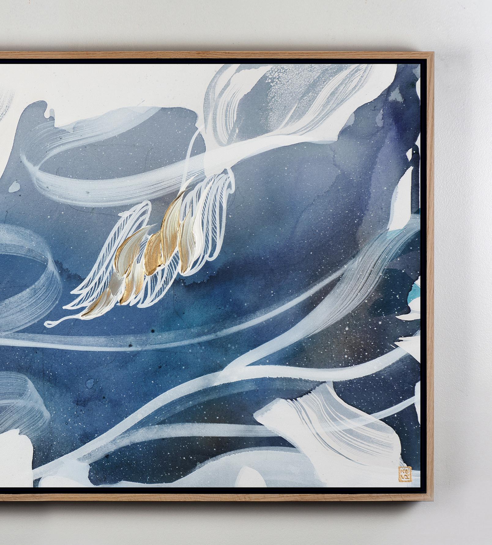 Angelo, dipinto astratto contemporaneo originale incorniciato e firmato in blu e bianco in vendita 2