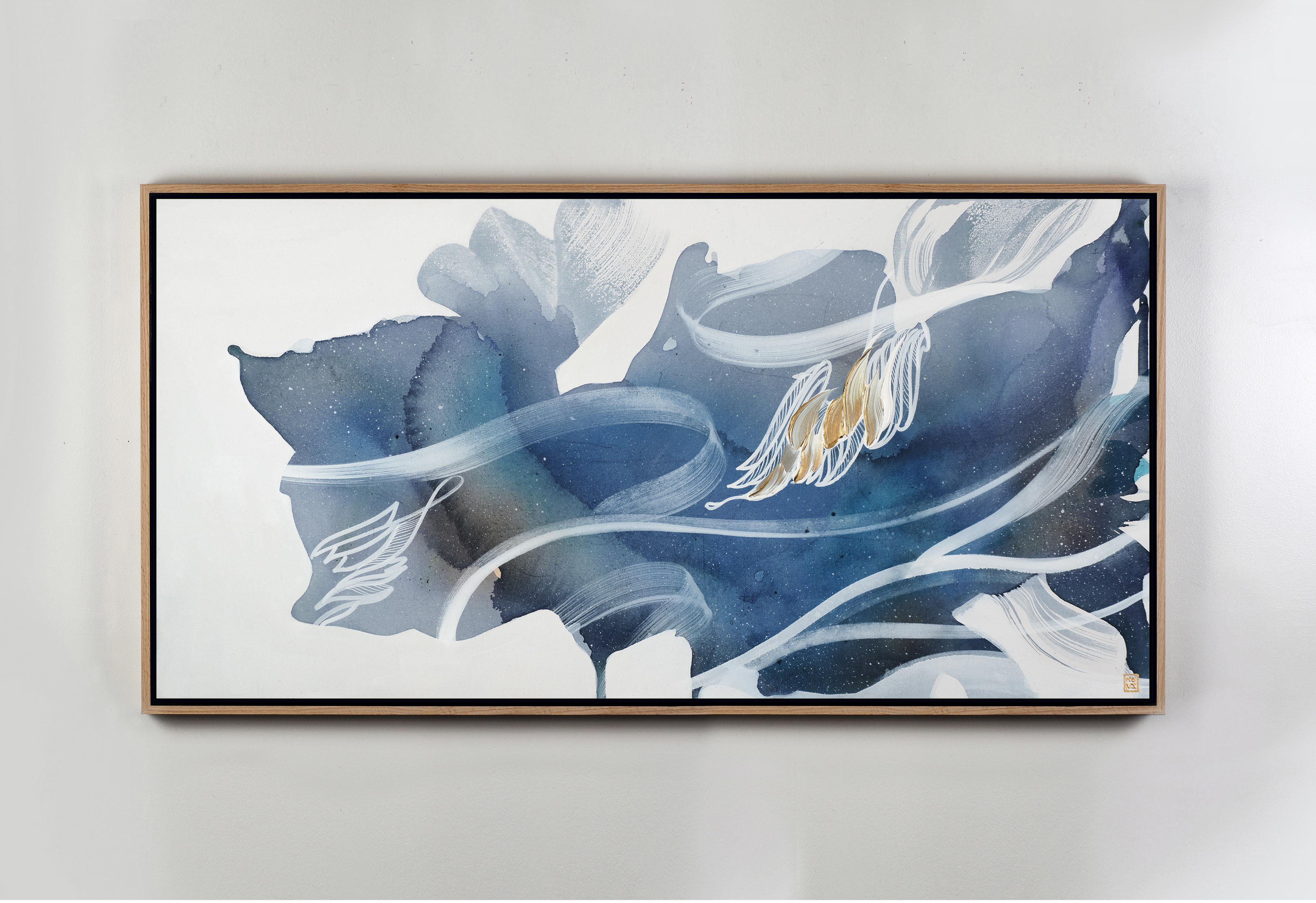 Angel, Original Framed Signed Contemporary Abstract Painting in Blue and White For Sale 4