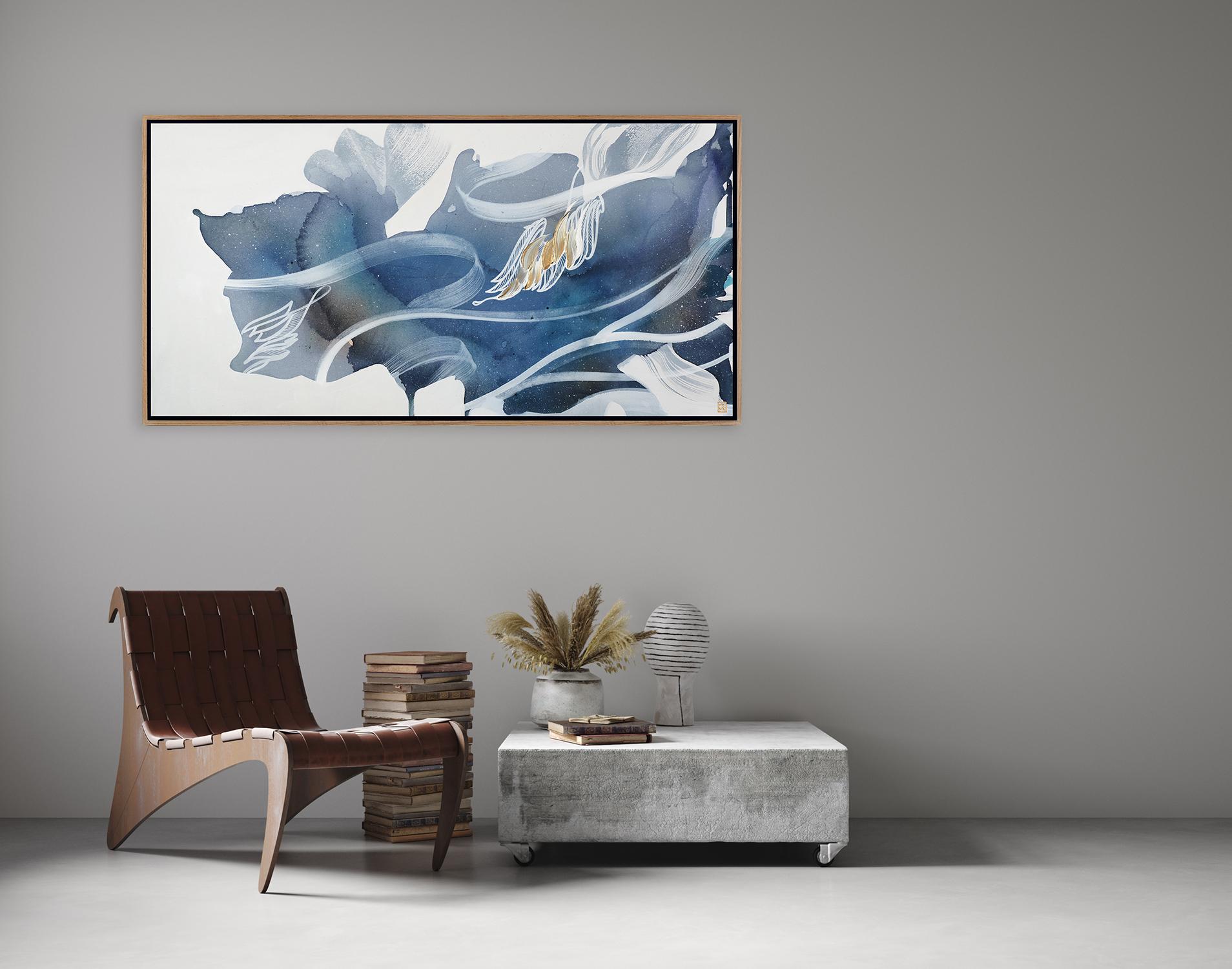 Angel, Original Framed Signed Contemporary Abstract Painting in Blue and White For Sale 6