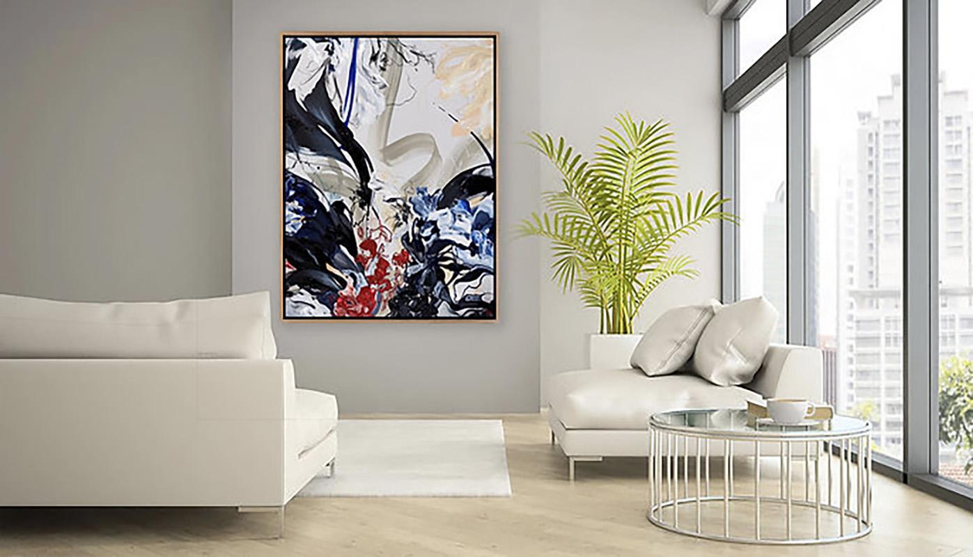 Kimono astrale, dipinto acrilico astratto contemporaneo su tela con cornice originale - Abstract Painting Grigio di Novi Lim