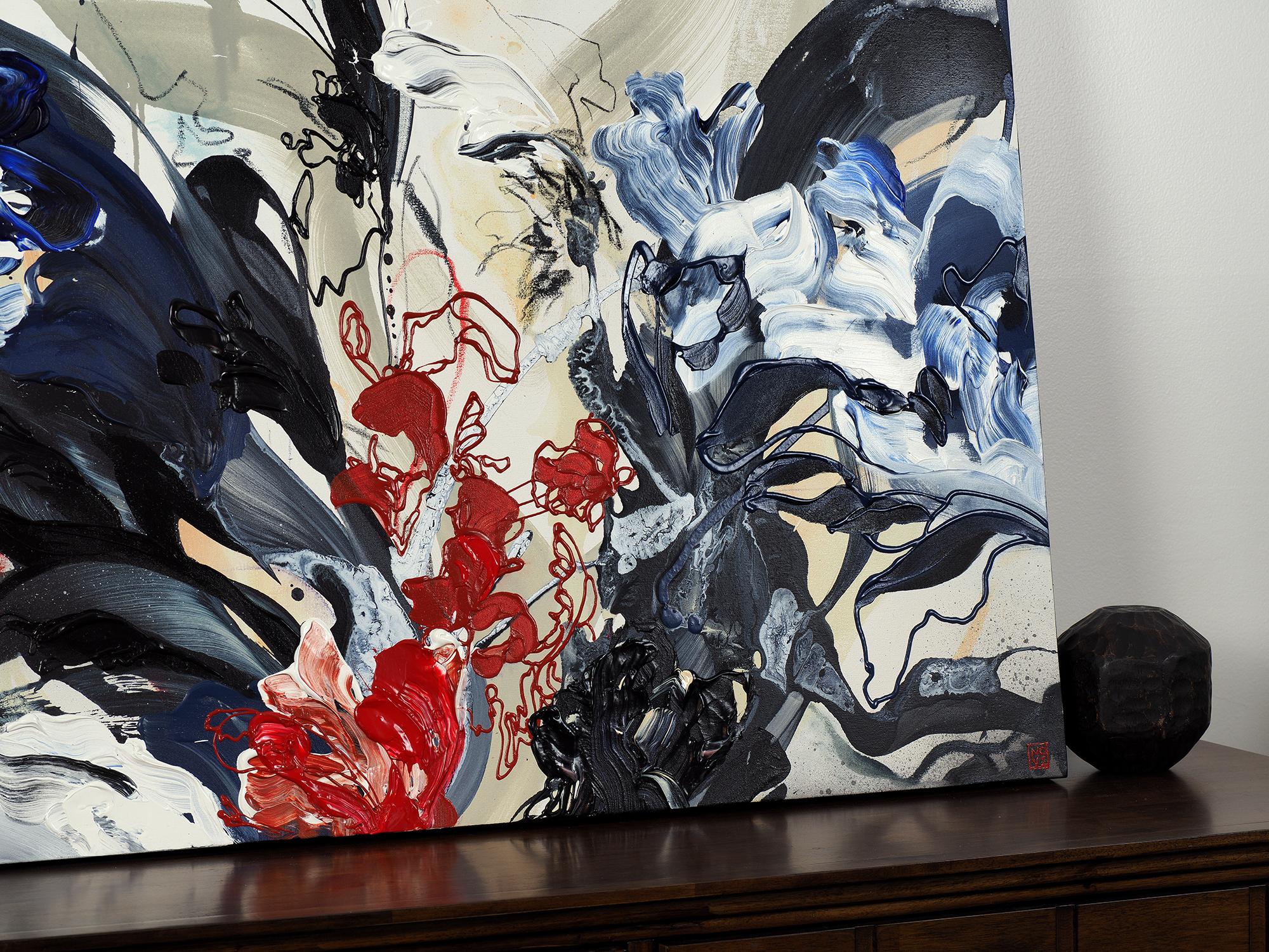 Kimono astrale, dipinto acrilico astratto contemporaneo su tela con cornice originale - Painting Contemporaneo di Novi Lim