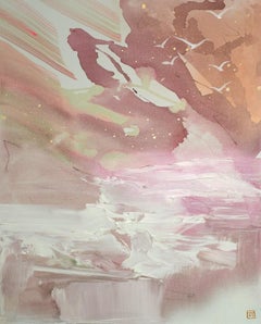 Rugiada, quadro di paesaggio astratto contemporaneo con cornice originale e firmata in rosa