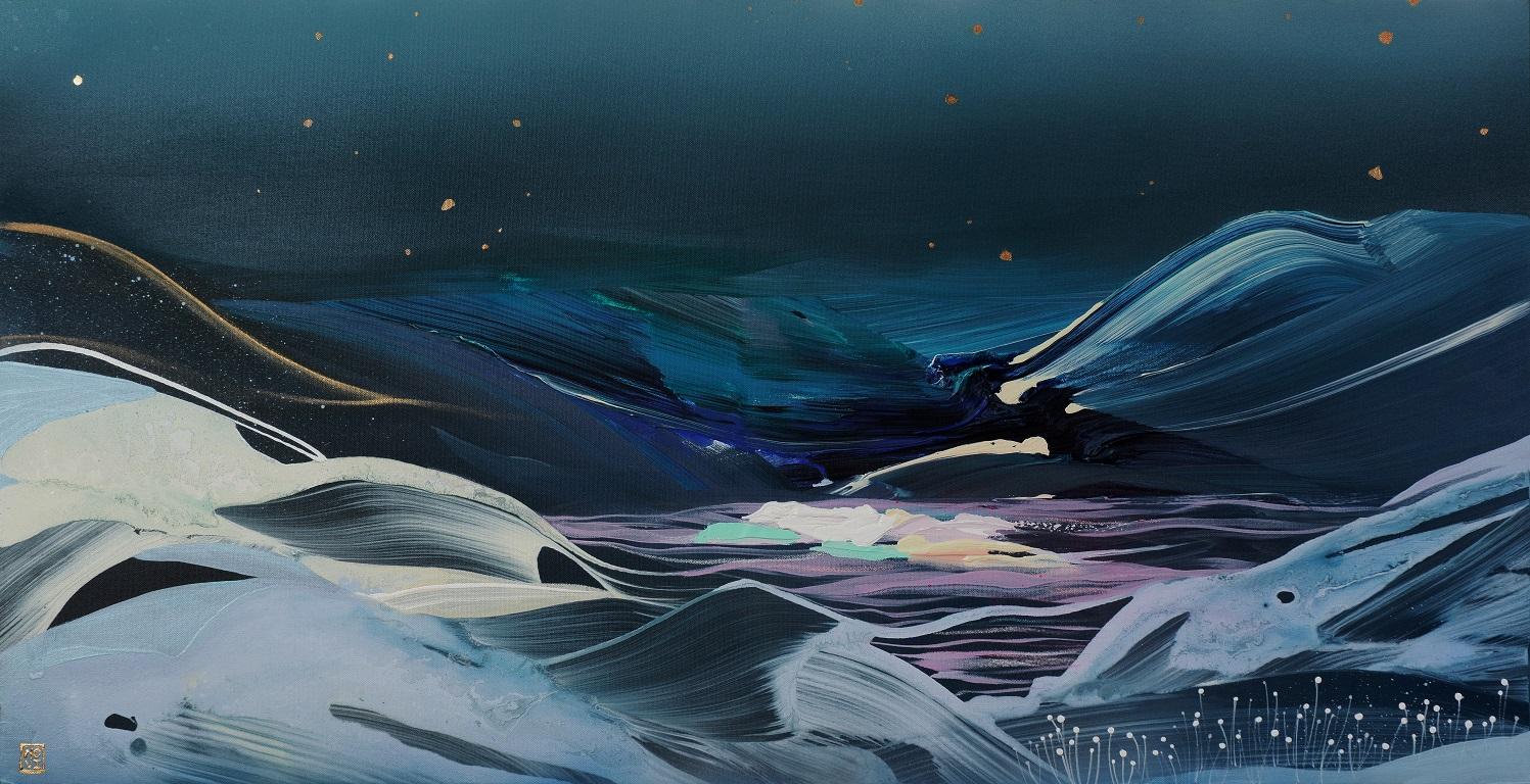 Landscape Painting di Novi Lim - Etereità, quadro acrilico blu astratto di paesaggio originale incorniciato e firmato