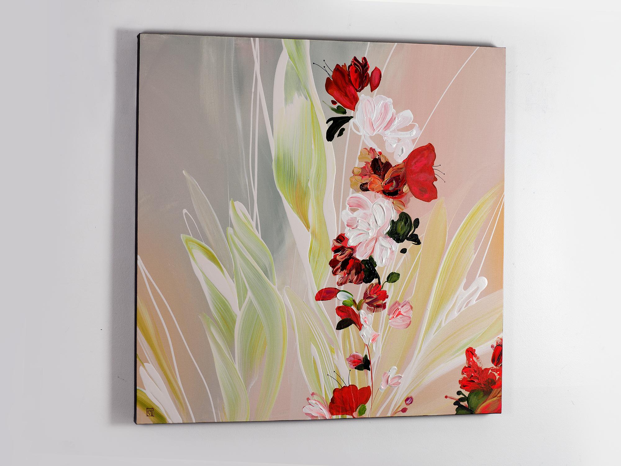 Just Carefree, Pintura floral abstracta contemporánea original enmarcada y firmada - Painting Abstracto de Novi Lim