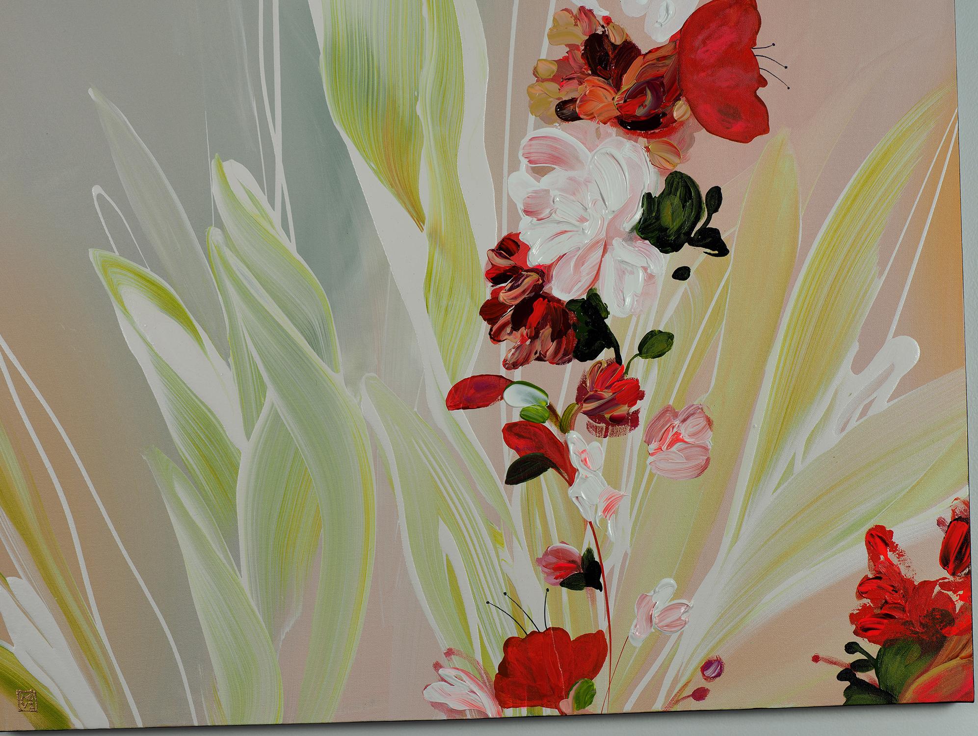 Just Carefree, Pintura floral abstracta contemporánea original enmarcada y firmada - Abstract Painting Beige de Novi Lim