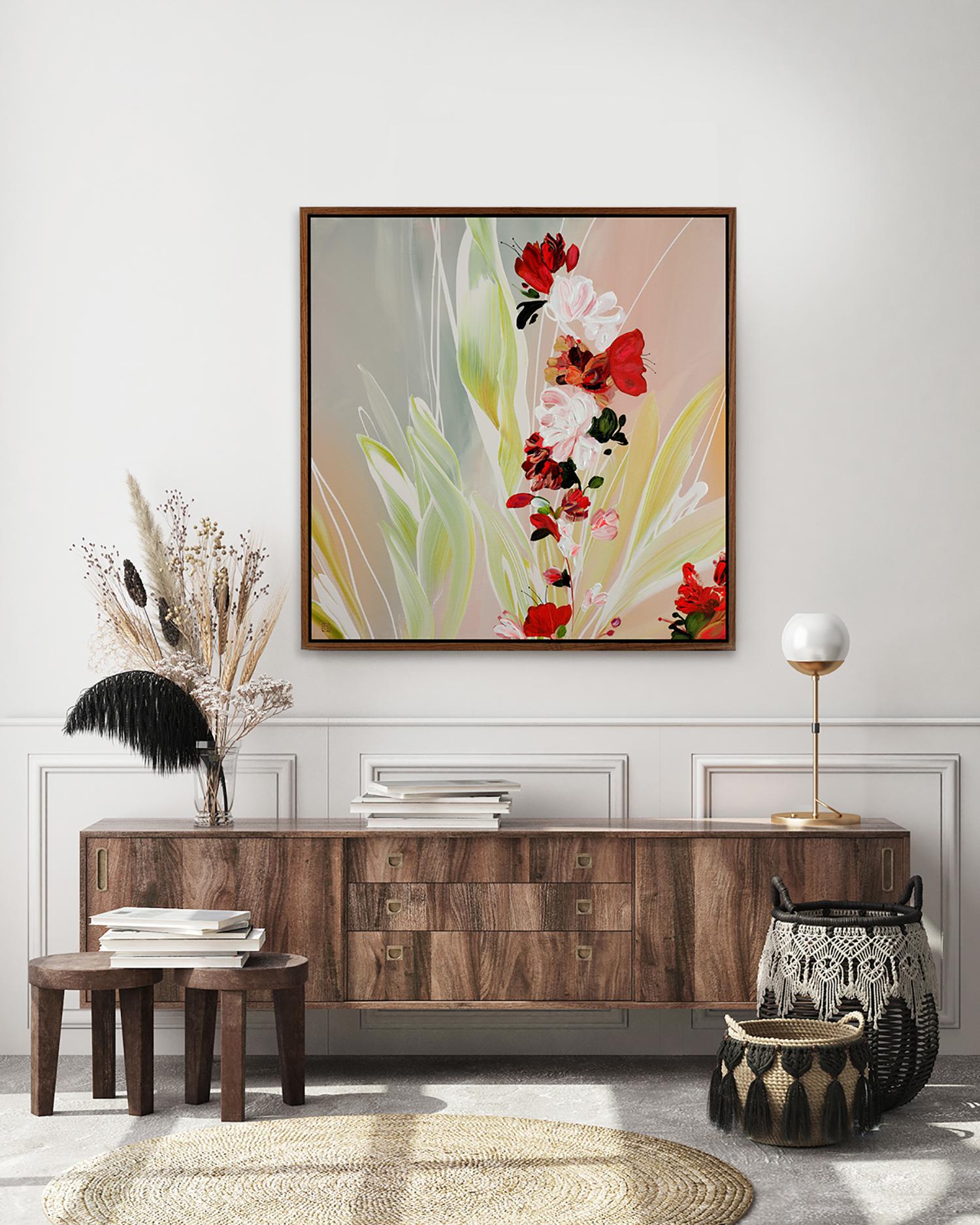Just Carefree, Pintura floral abstracta contemporánea original enmarcada y firmada en venta 1