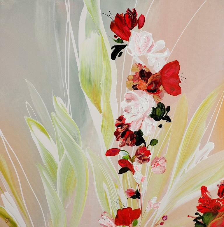 Abstract Painting de Novi Lim - Just Carefree, Pintura floral abstracta contemporánea original enmarcada y firmada