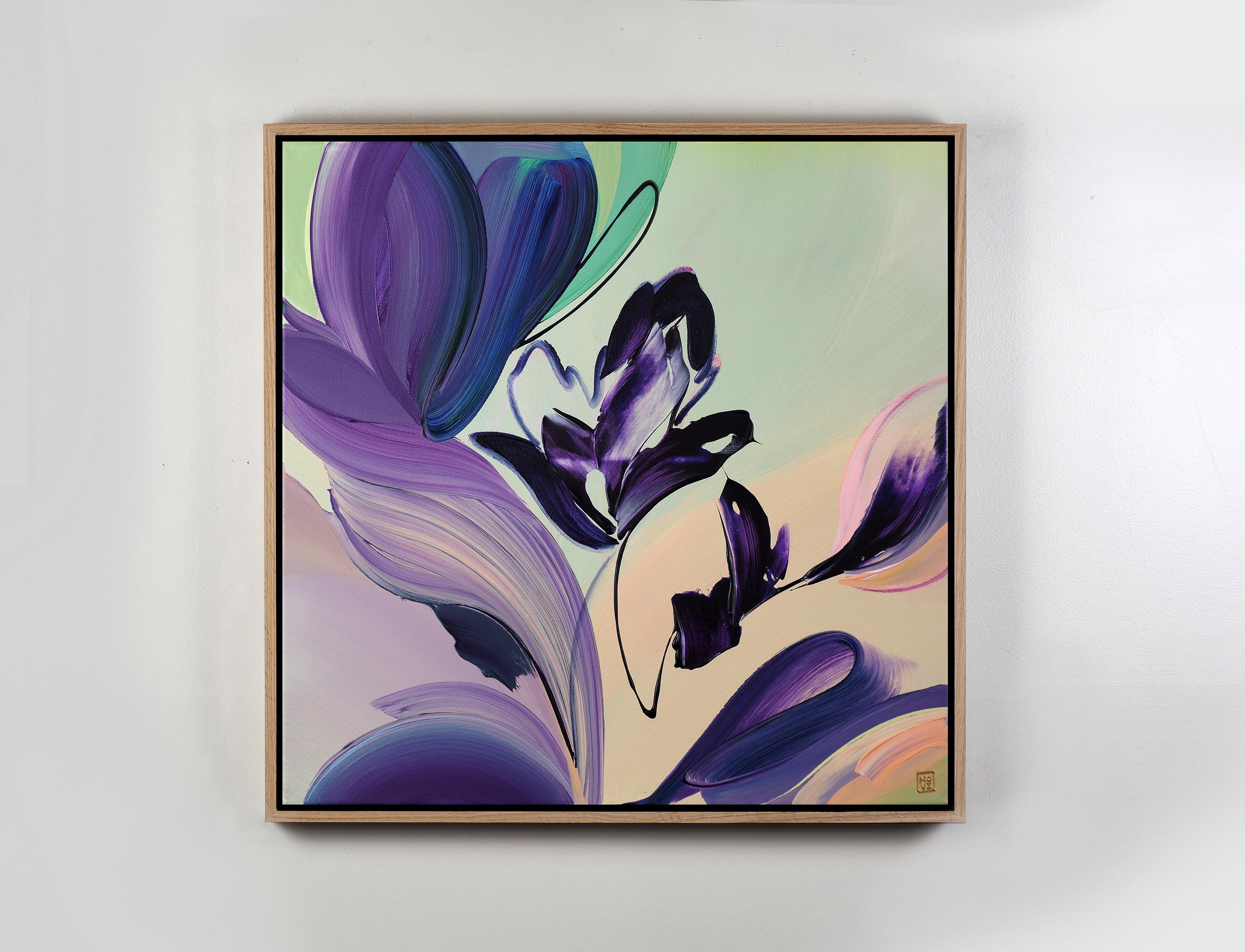 Lavish Violets, Original Framed Signed Contemporary Abstract Acrylic Painting - Gray Abstract Painting by Novi Lim