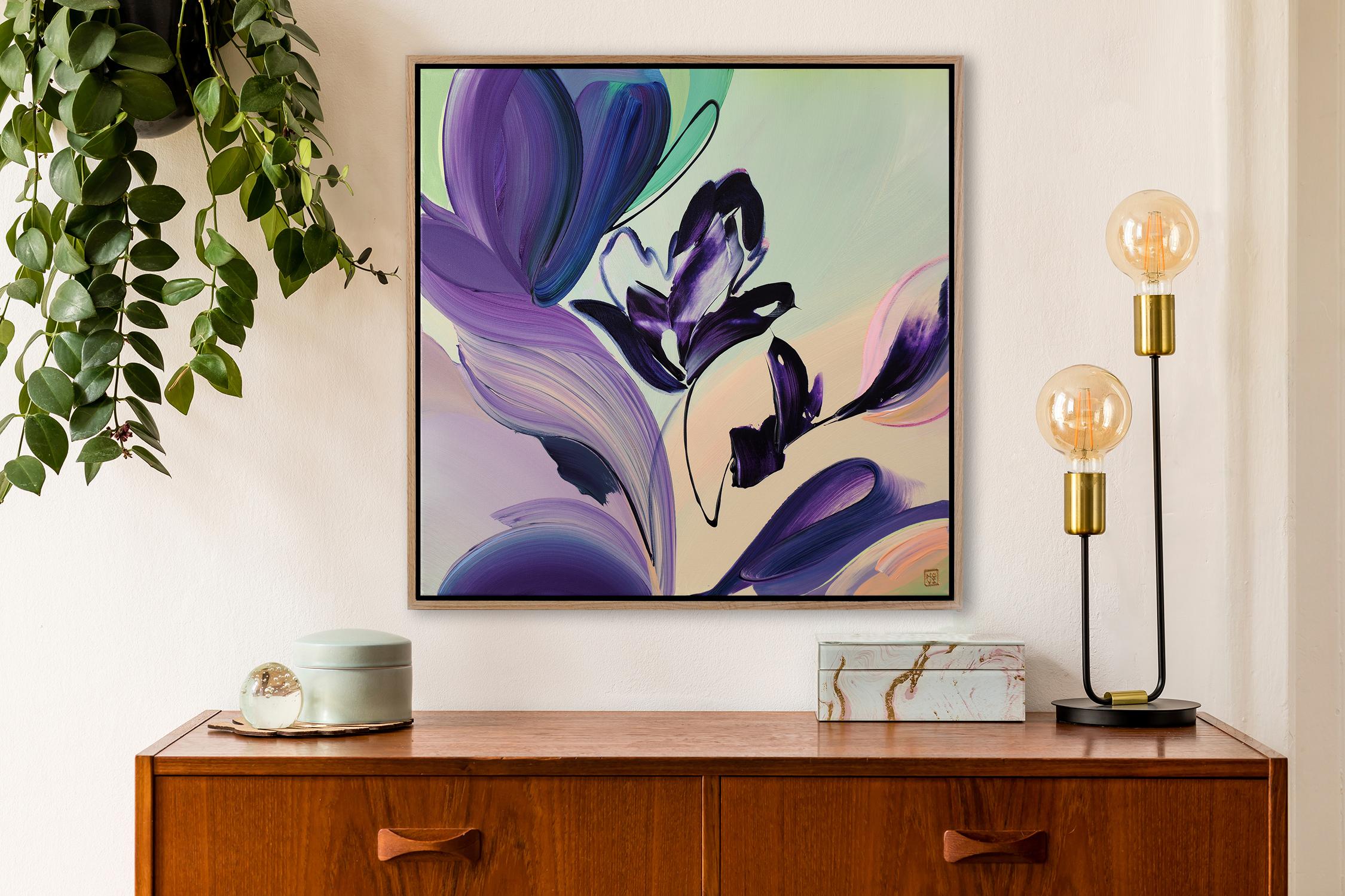 Lavish Violets, Original Framed Signed Contemporary Abstract Acrylic Painting For Sale 1