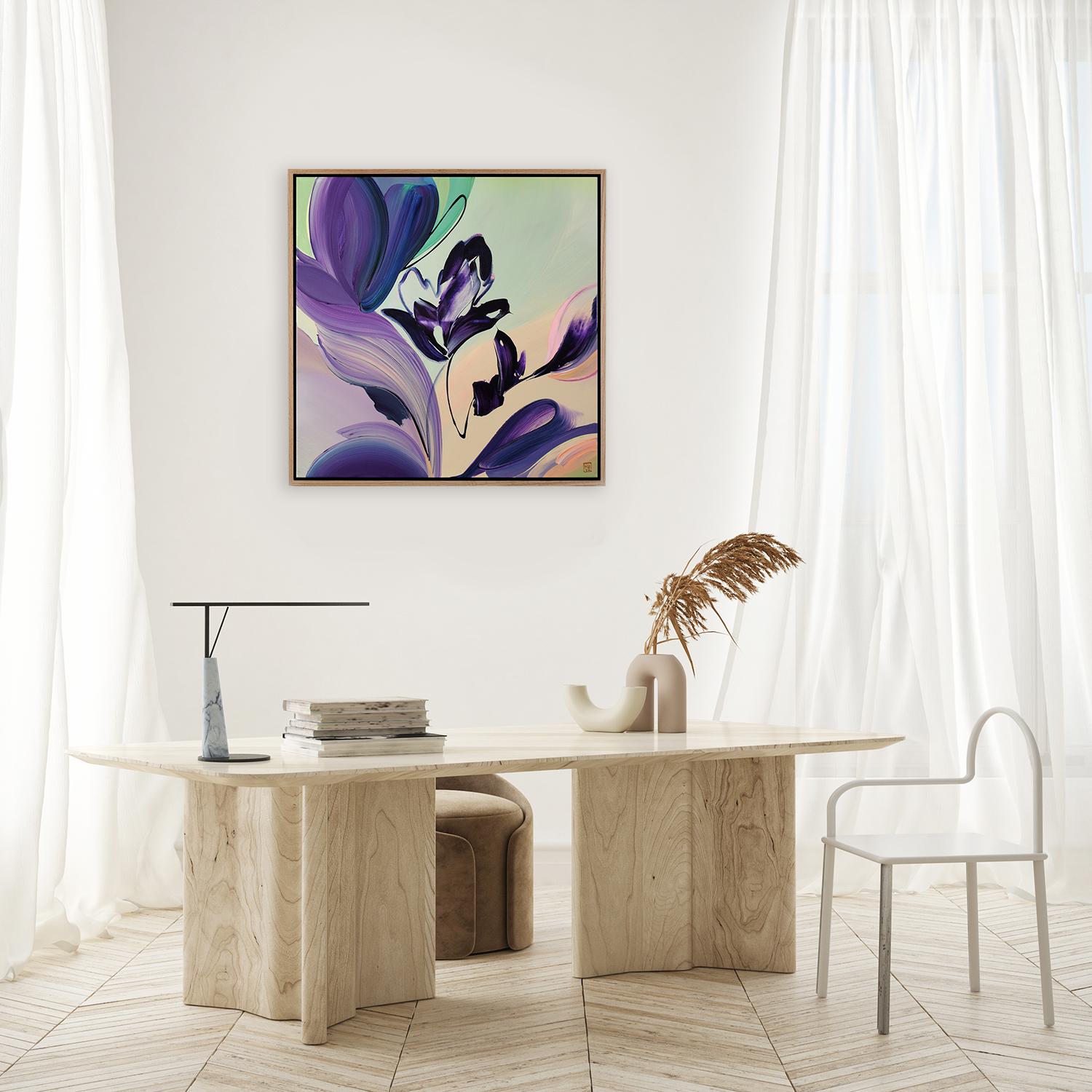 Lavish Violets, Original Framed Signed Contemporary Abstract Acrylic Painting For Sale 2