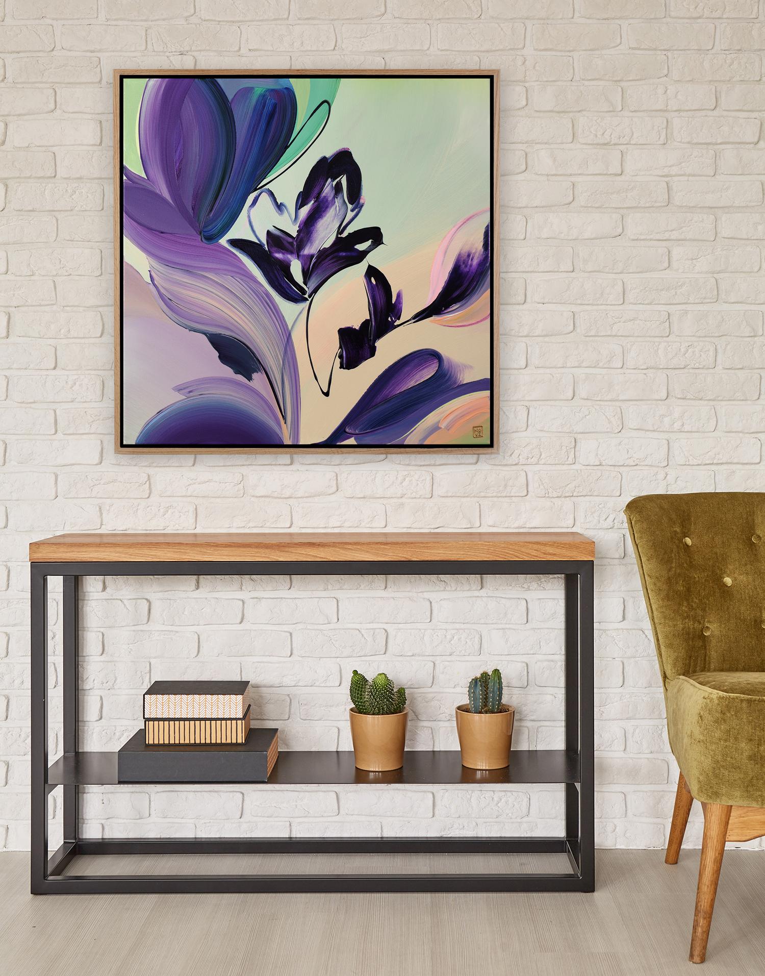 Lavish Violets, Original Framed Signed Contemporary Abstract Acrylic Painting For Sale 3