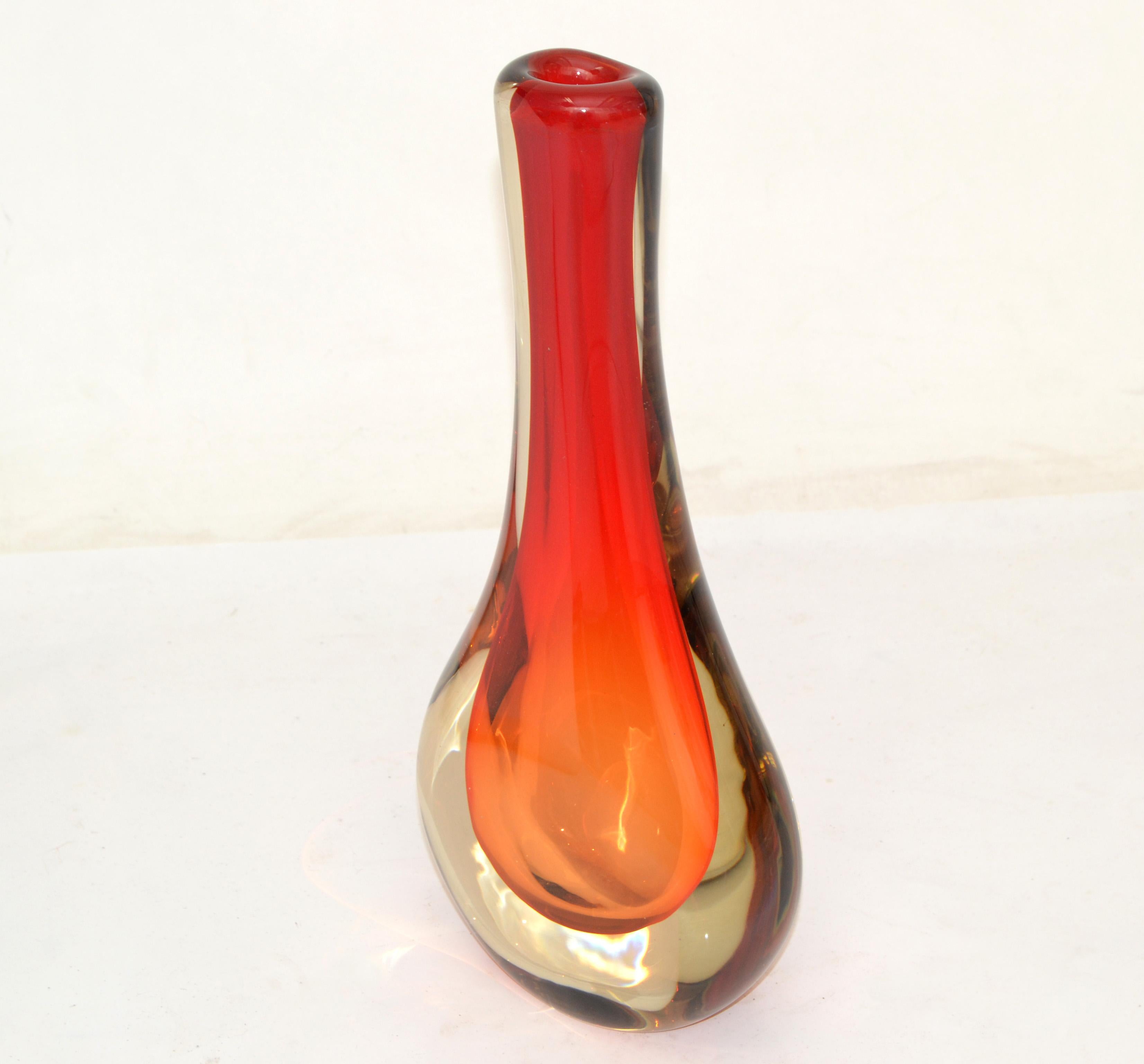 Mid-Century Modern NOVICA Brazil Blown Art Glass Vase 3 Encased Colors Red, Orange & Transparent For Sale