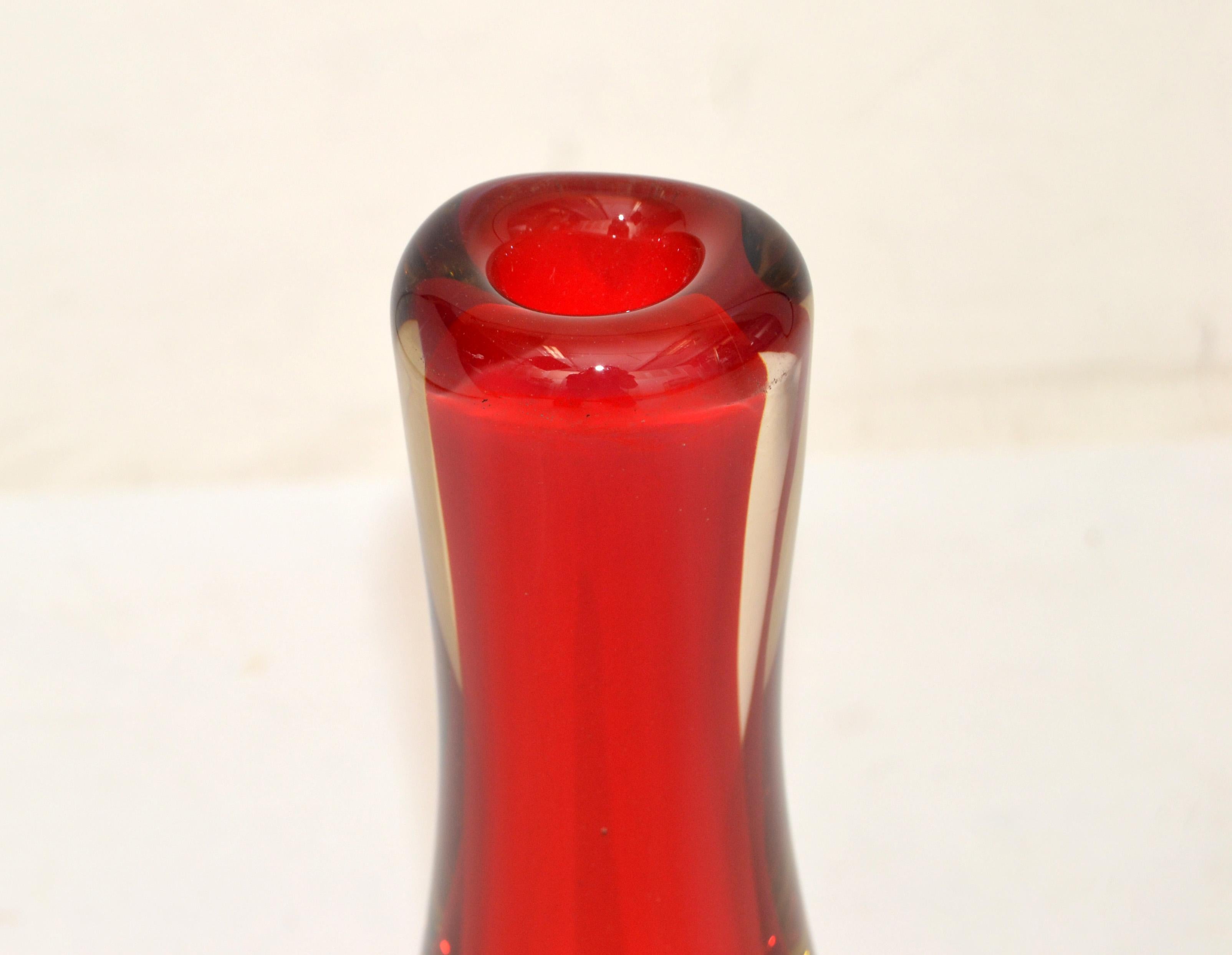 20th Century NOVICA Brazil Blown Art Glass Vase 3 Encased Colors Red, Orange & Transparent For Sale
