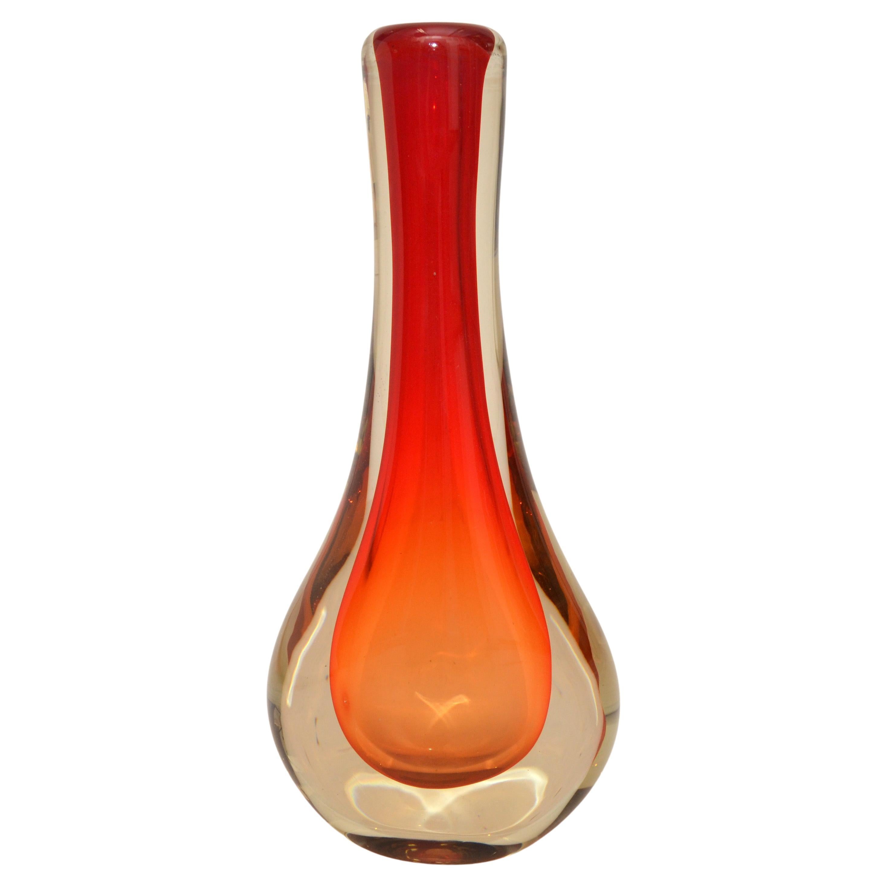 NOVICA Brazil Blown Art Glass Vase 3 Encased Colors Red, Orange & Transparent For Sale