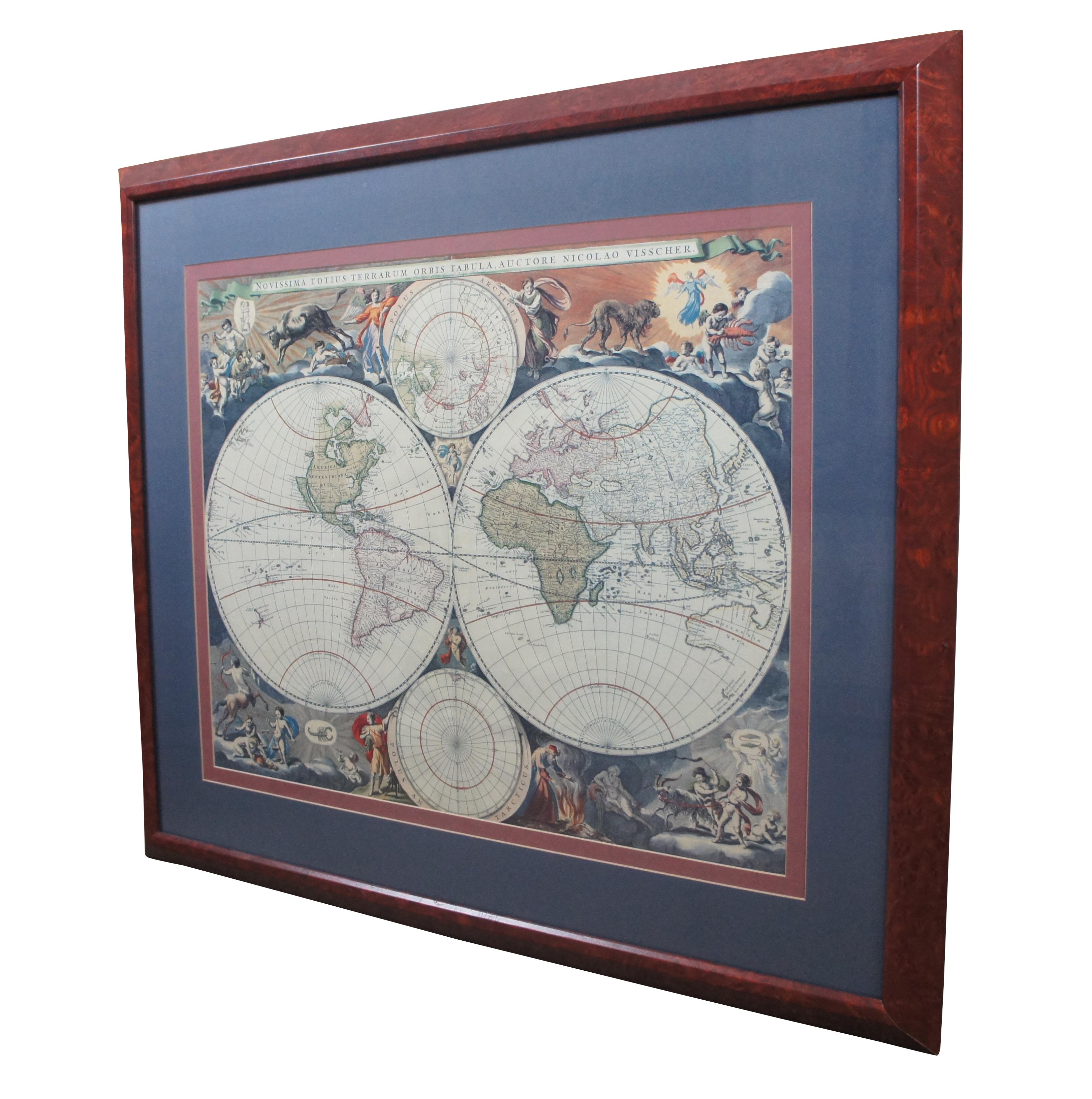 A stately print after Nicolaes Visscher's Novissima Totius Terrarum Orbis Tabula Map.  Neatly framed in burlwood.  

Dimensions:
39