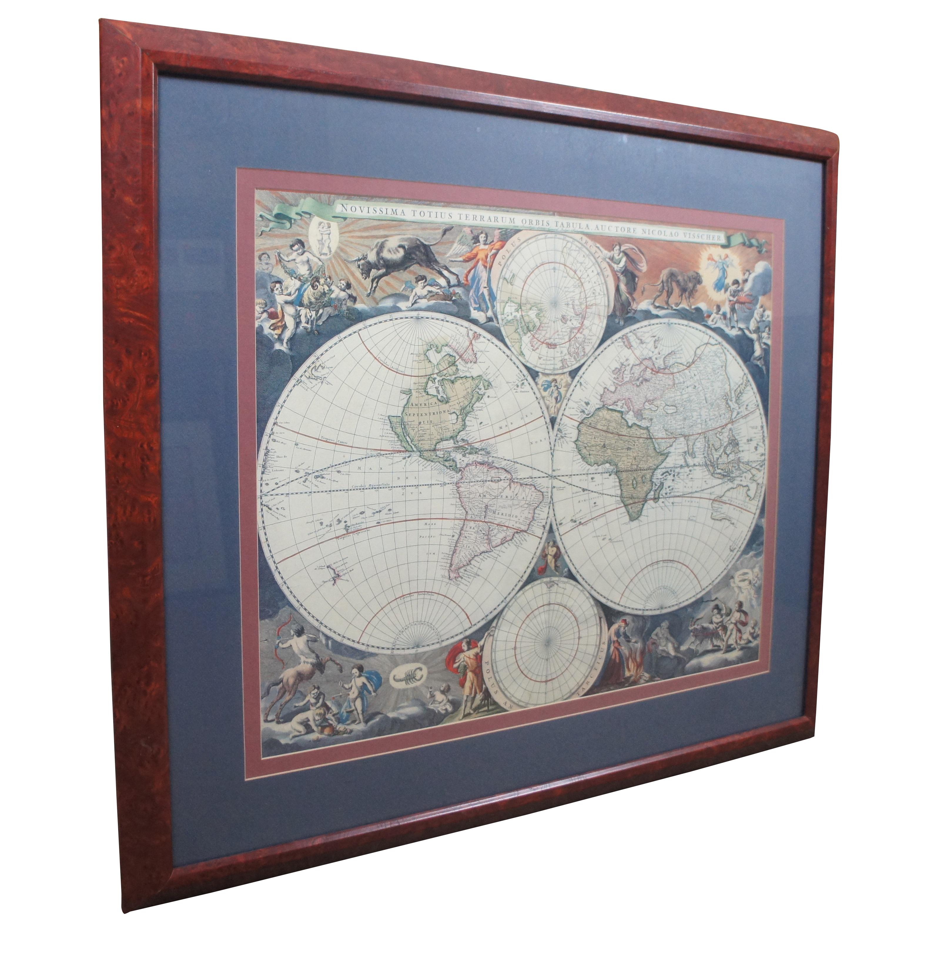 Novissima Totius Terrarum Orbis Tabula Map After Nicolaes Visscher Burled Frame In Good Condition For Sale In Dayton, OH