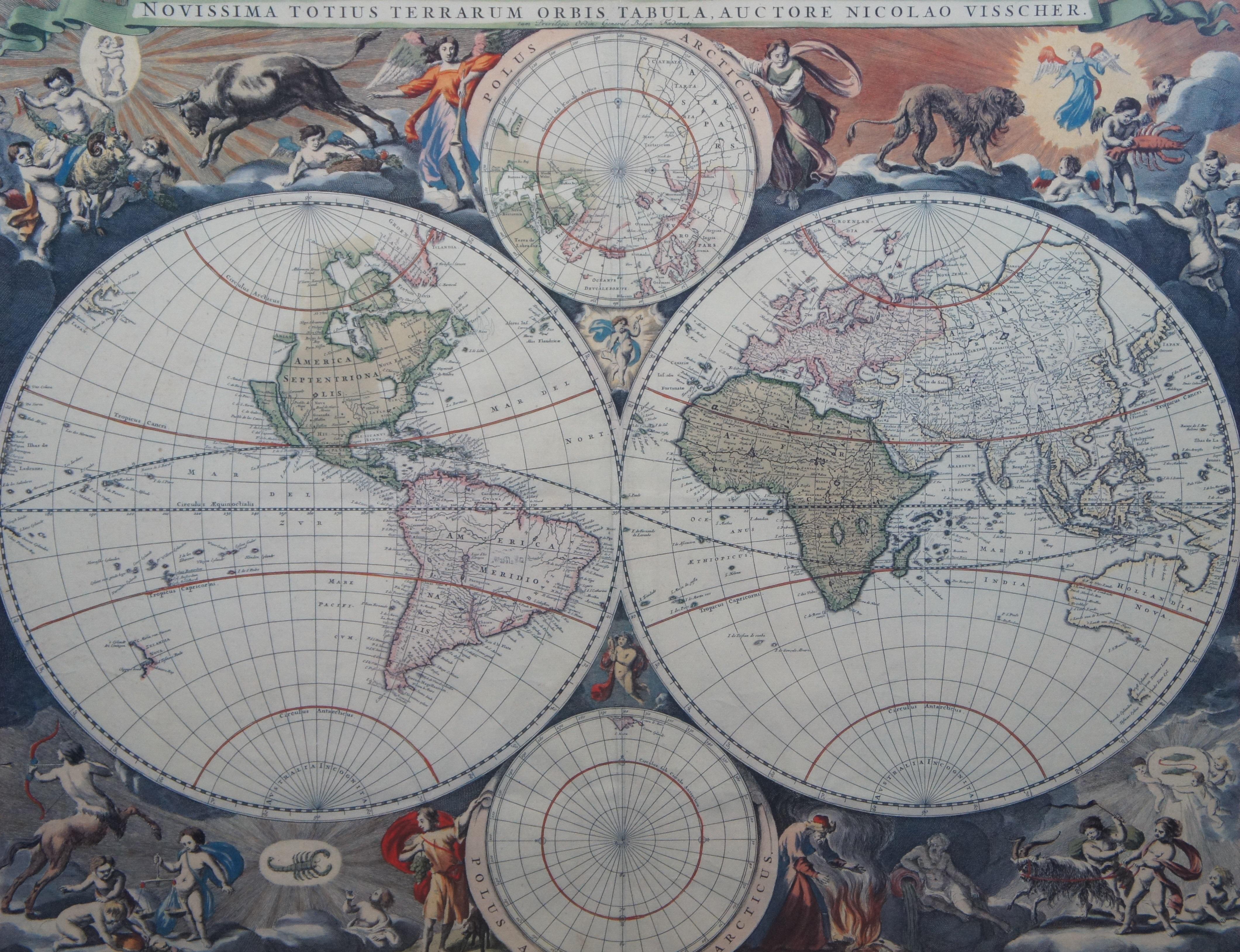 20th Century Novissima Totius Terrarum Orbis Tabula Map After Nicolaes Visscher Burled Frame For Sale