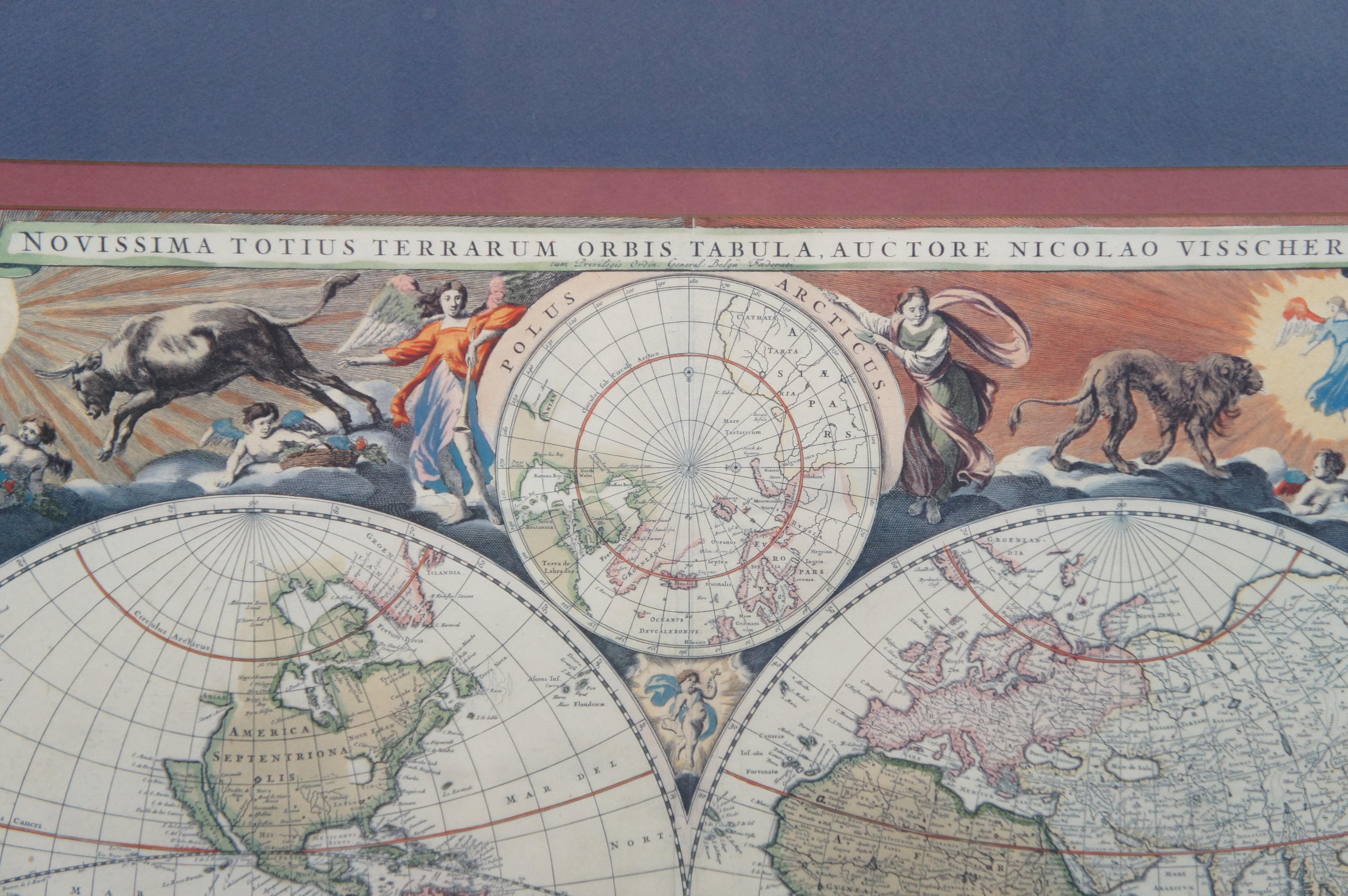 Paper Novissima Totius Terrarum Orbis Tabula Map After Nicolaes Visscher Burled Frame For Sale