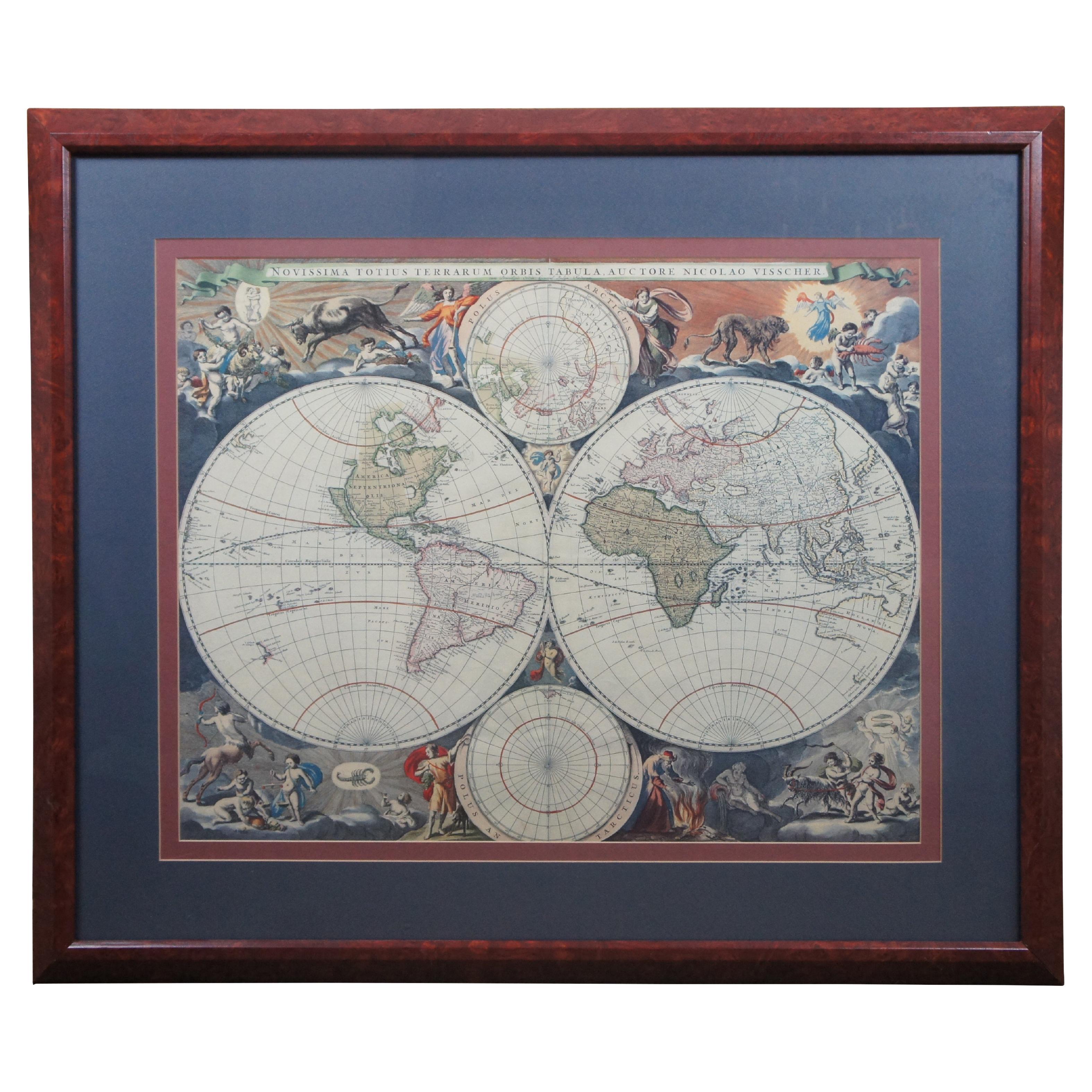 Novissima Totius Terrarum Orbis Tabula Map After Nicolaes Visscher Burled Frame For Sale