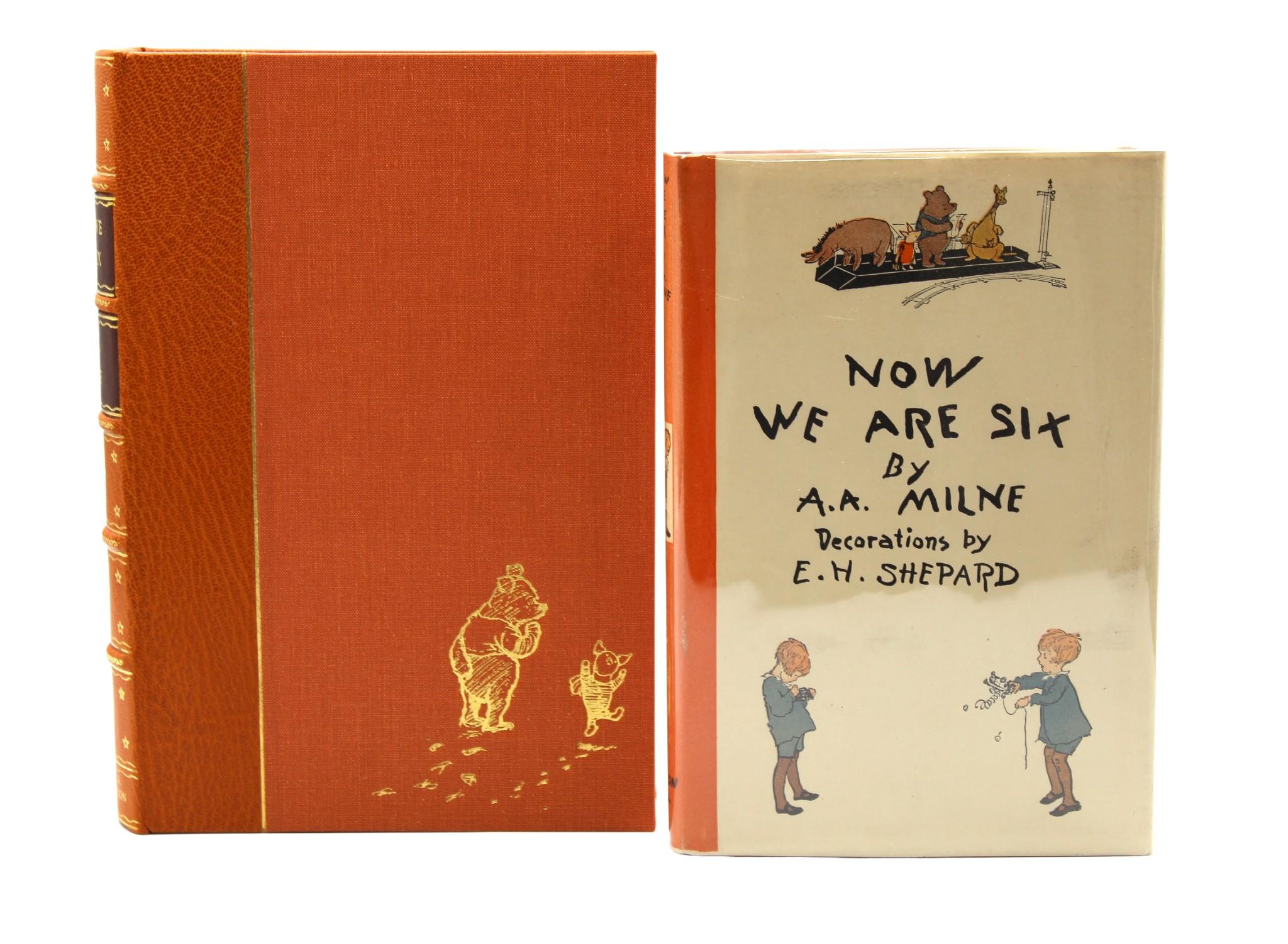 Milne, A.A. Now We Are Six. New York: E. P. Dutton, 1827. First American Trade Edition. Illustrated by Ernest Shepard. Octavo. In the publisher's original orange cloth boards, stamped in gilt, original unclipped dust jacket, and presented with a new