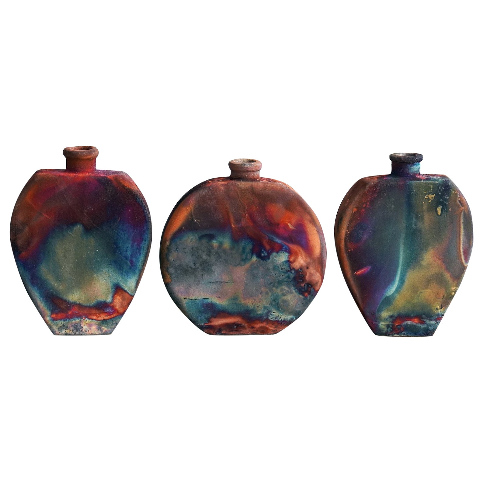 Nozomu Kumo Paquete de 3 Jarrones de Cerámica Raku, Cobre Mate, Decoración de Cerámica Hecha a Mano