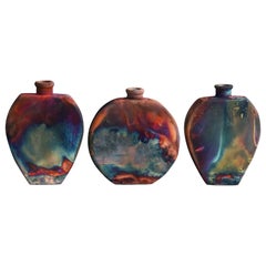 Nozomu Kumo Paquete de 3 Jarrones de Cerámica Raku, Cobre Mate, Decoración de Cerámica Hecha a Mano