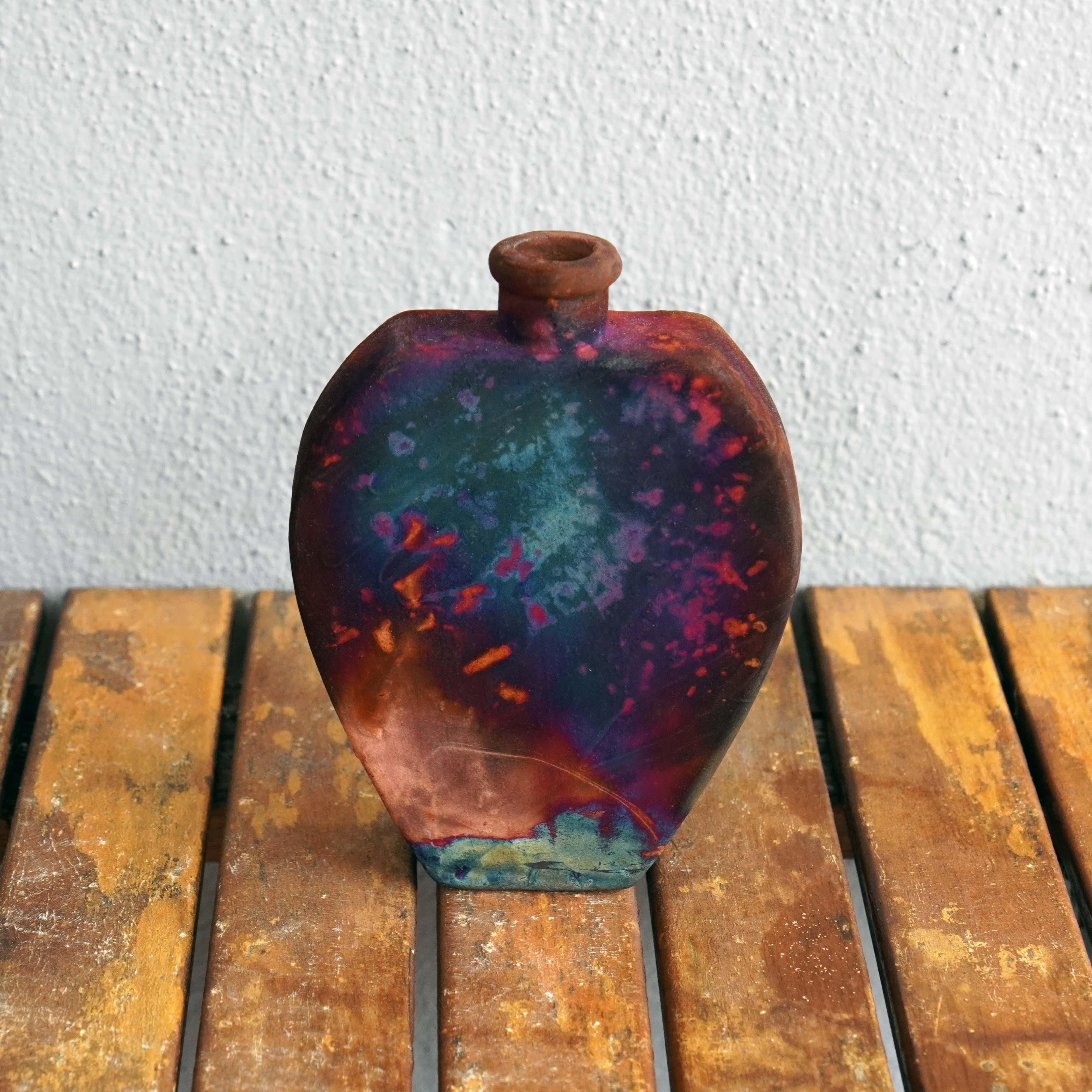 Modern Nozomu Raku Pottery Vase, Full Copper Matte, Handmade Ceramic Home Decor Gift For Sale