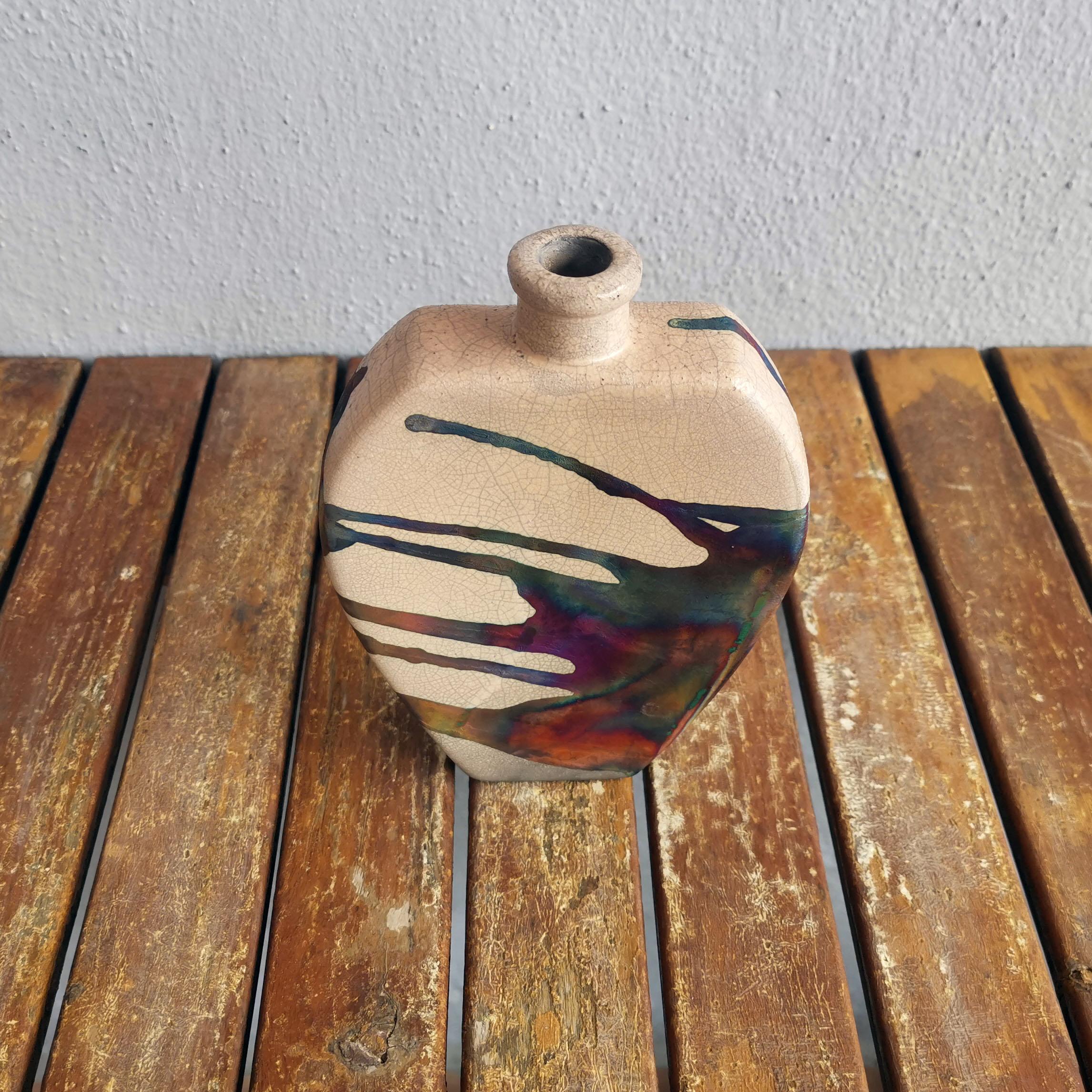 Modern Nozomu Raku Pottery Vase, Half Copper Matte, Handmade Ceramic Home Decor Gift For Sale