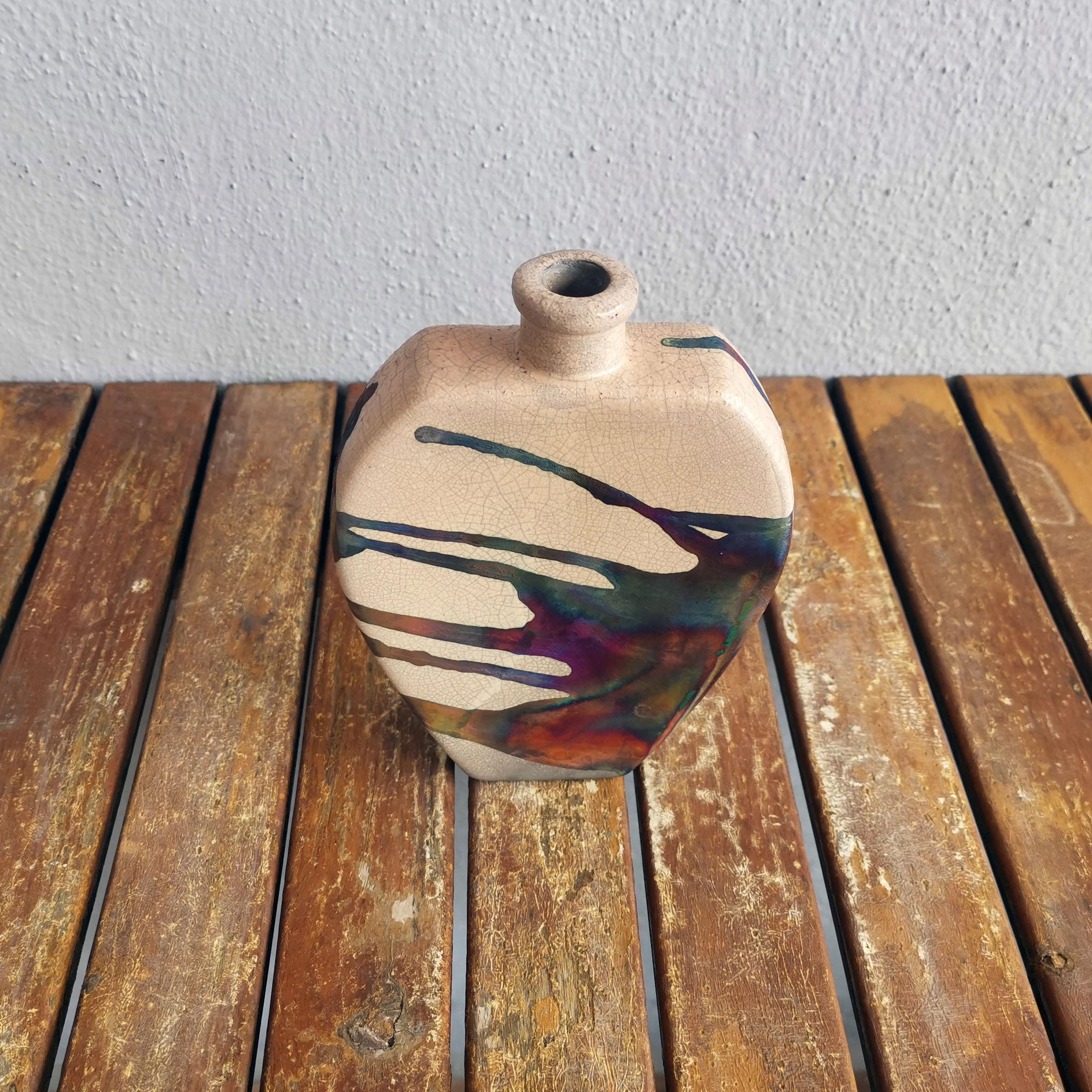 Malaysian Nozomu Raku Pottery Vase, Half Copper Matte, Handmade Ceramic Home Decor Gift For Sale