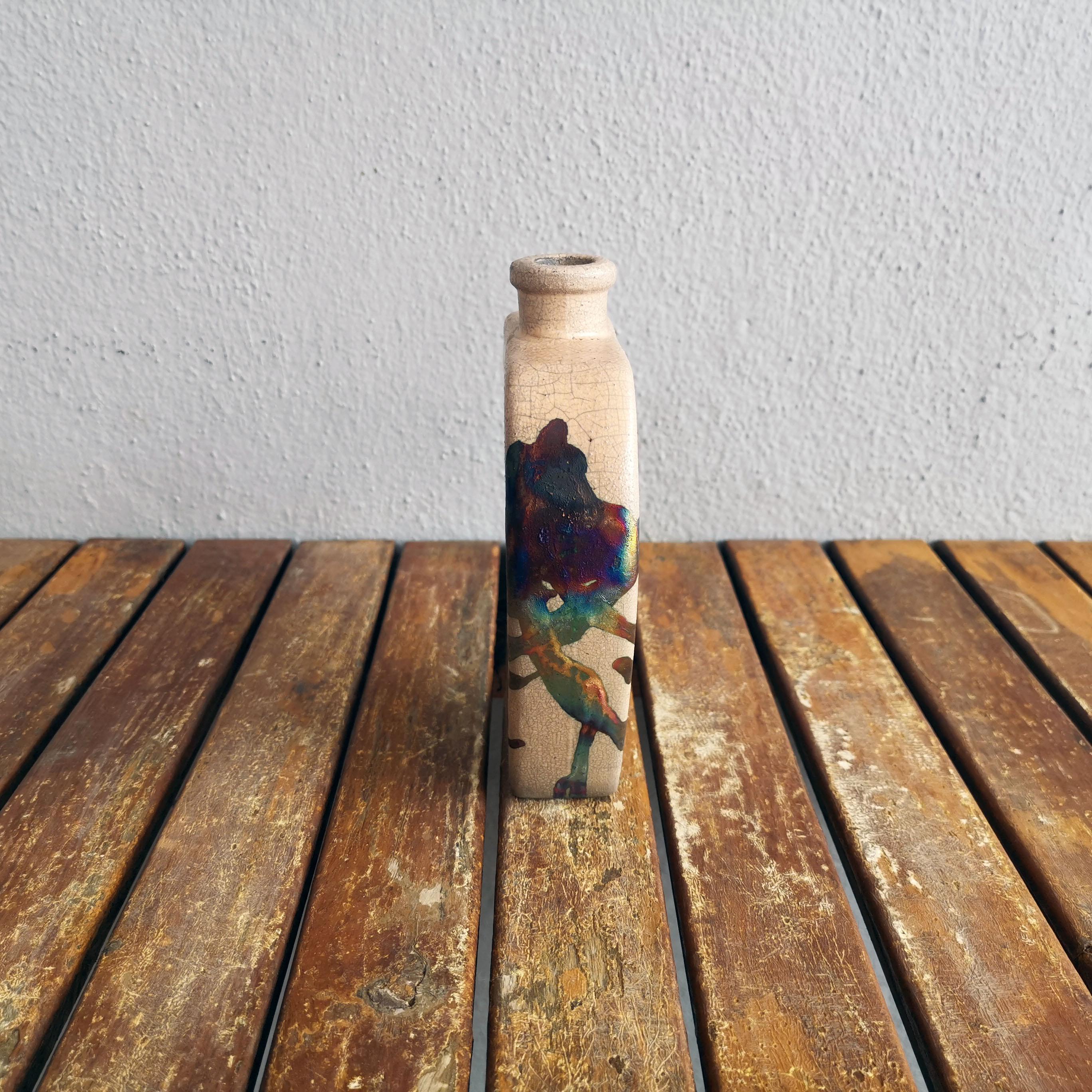 Fired Nozomu Raku Pottery Vase, Half Copper Matte, Handmade Ceramic Home Decor Gift For Sale