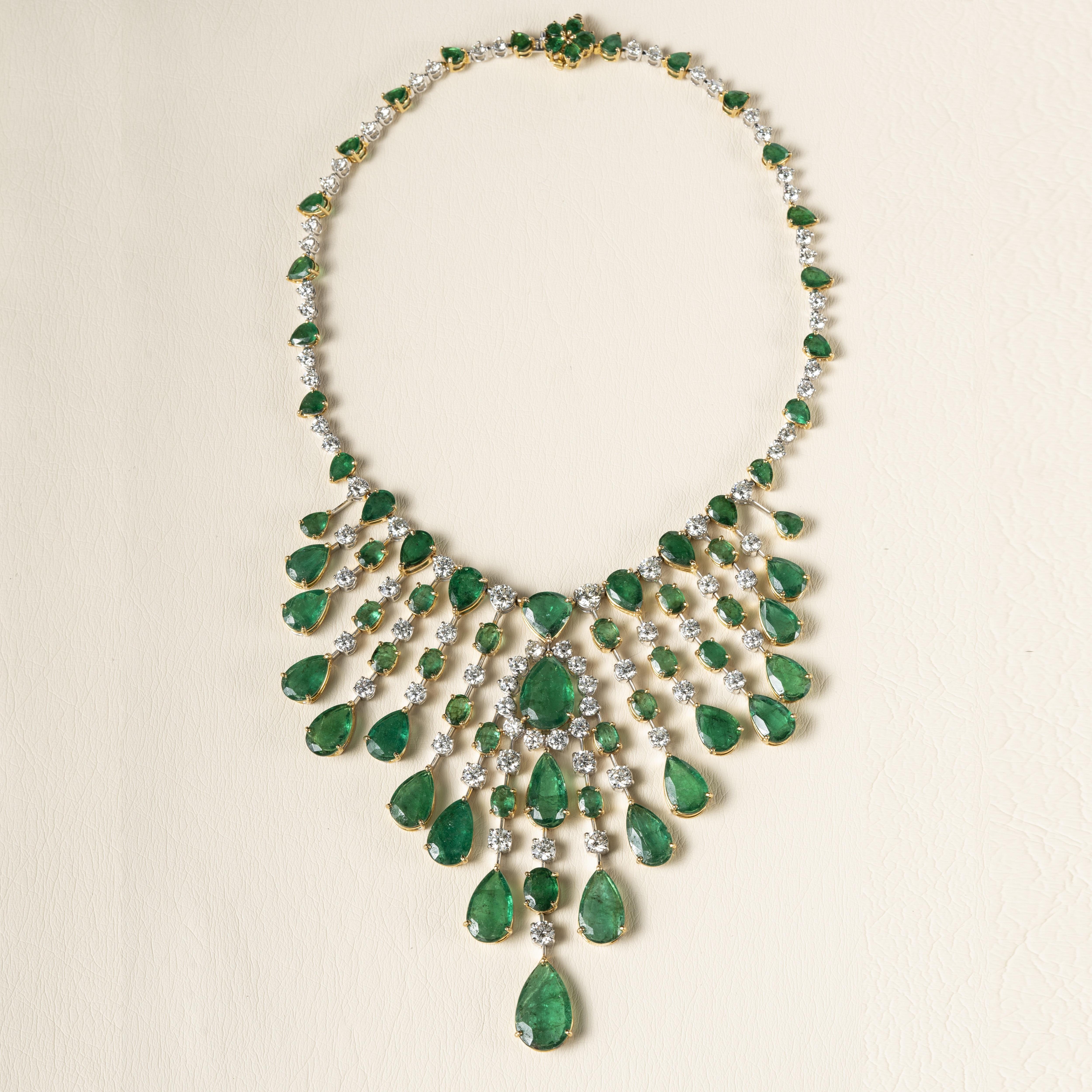 Mixed Cut Beauvince Nritya Emerald & Diamond Necklace & Earrings (179.54 ct Gemstones) For Sale