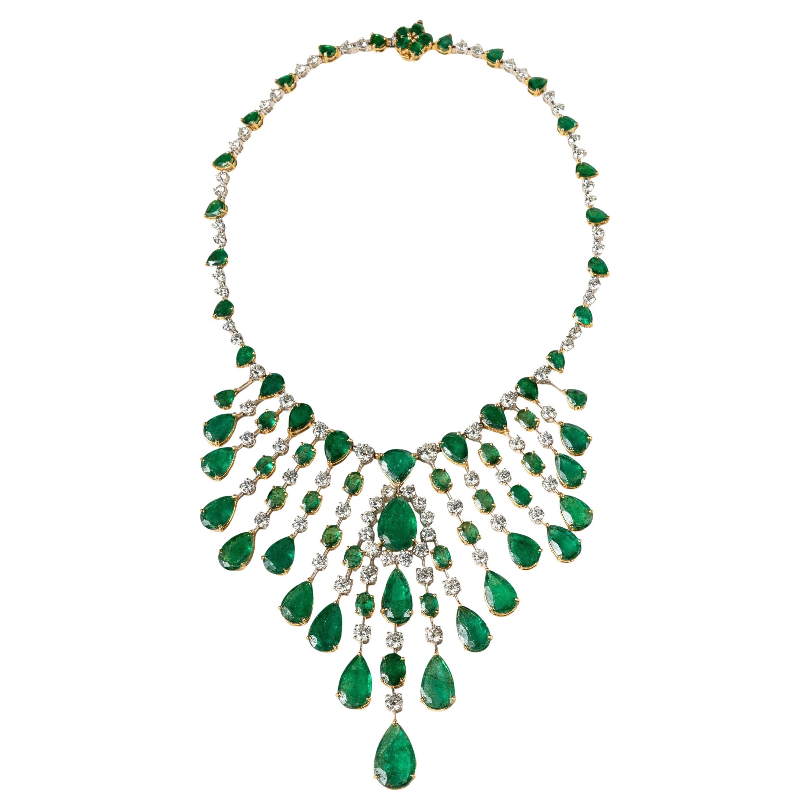 Beauvince Nritya Emerald & Diamond Necklace & Earrings (179.54 ct Gemstones) For Sale