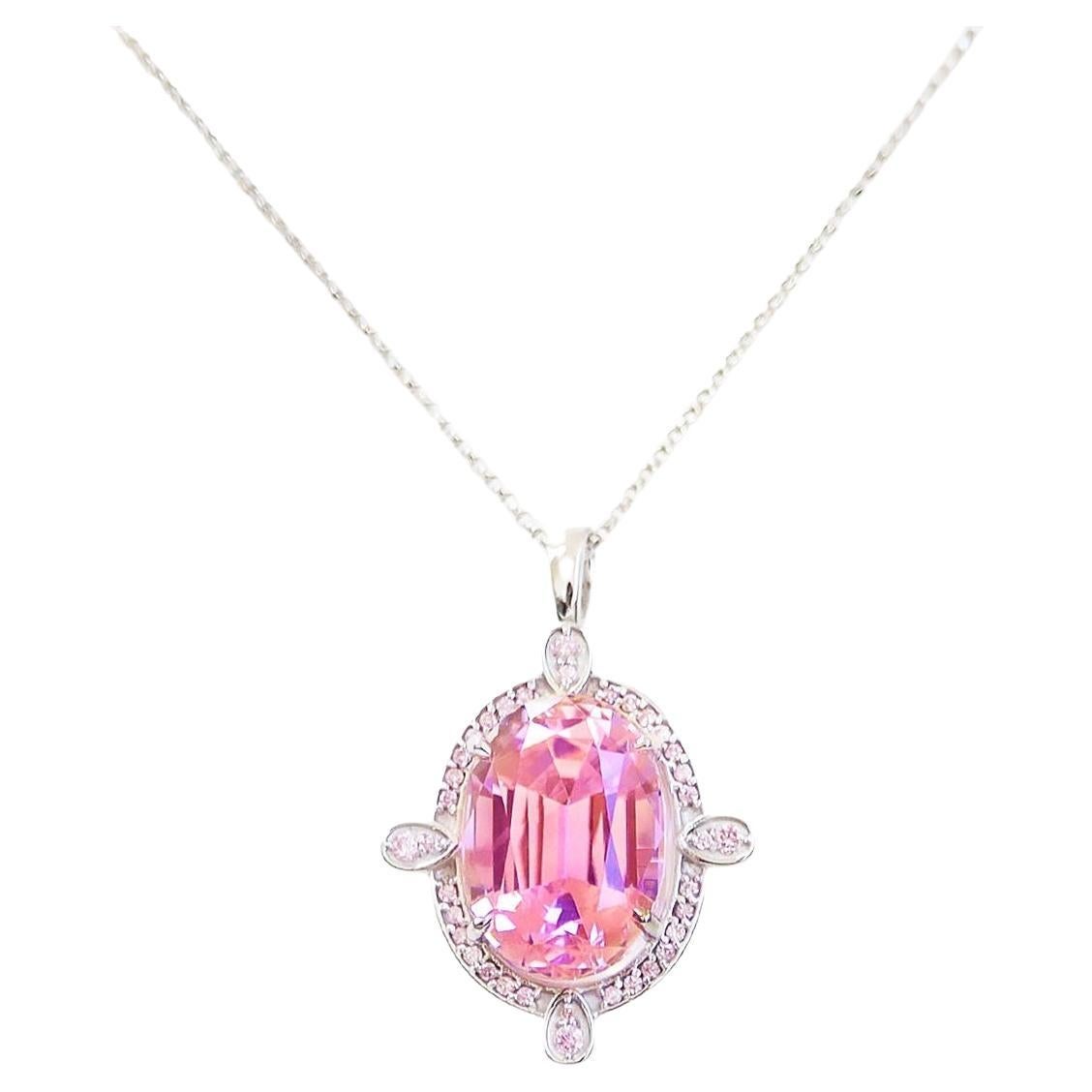 *NRP*IGI 14K 14.37 Ct Natural Pink Kunzite&Pink Diamonds Pendant Necklace 