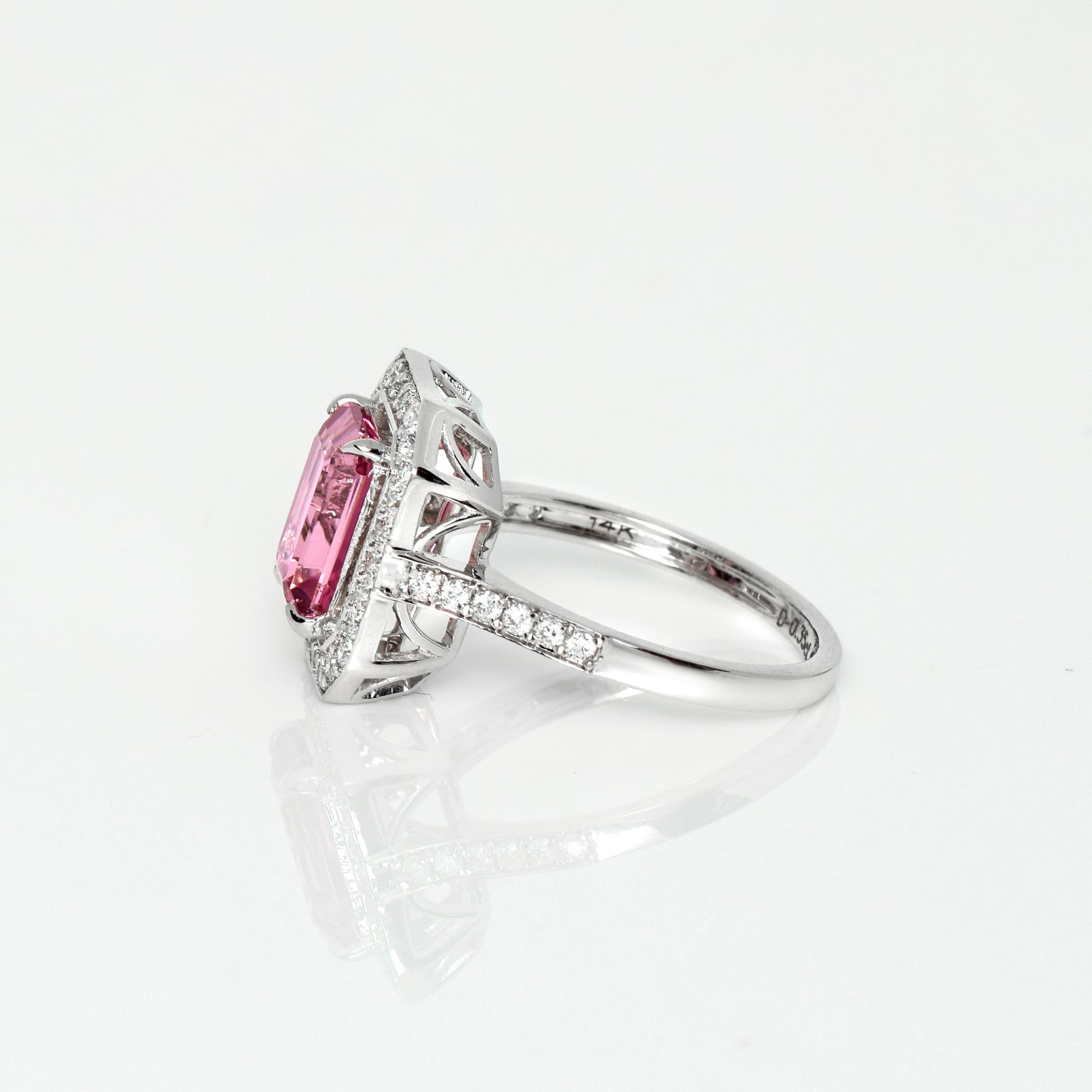 Emerald Cut *NRP* IGI 14K 2.28 Ct Top Pink Tourmaline Antique Art Deco Style Engagement Ring For Sale