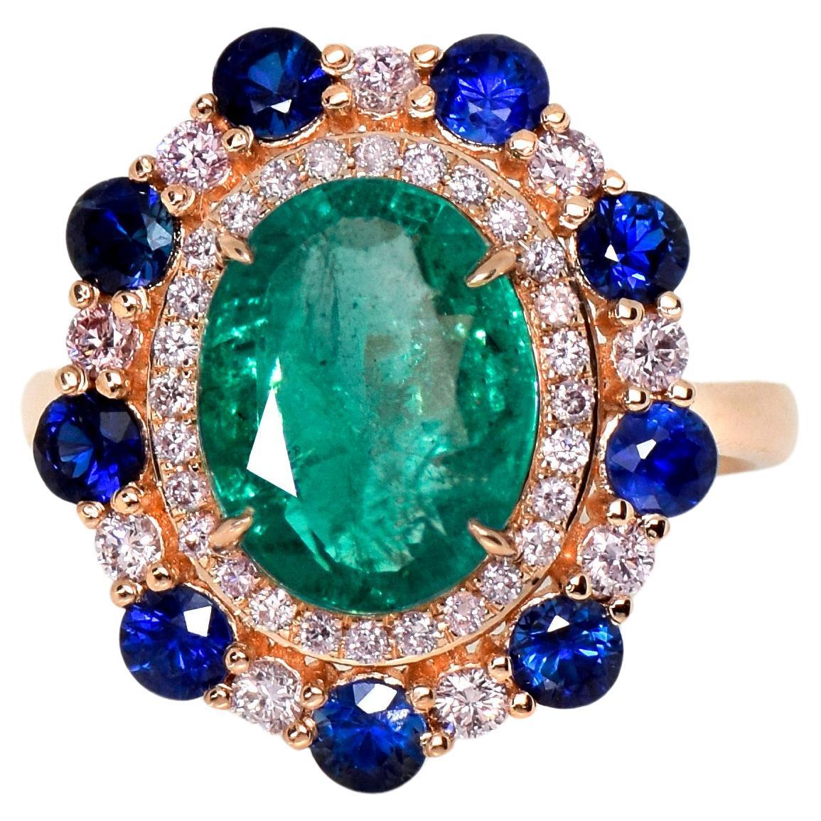 *NRP* IGI 14K 3.11 ct Green Emerald&Pink Diamond Art Deco Engagement Ring
