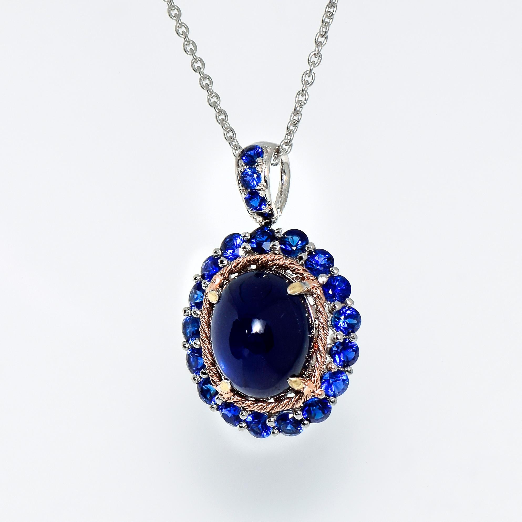 Cabochon *NRP* IGI 14k 5.80 Carat Blue Sapphire Antique Art Deco Drop Pendant Necklace