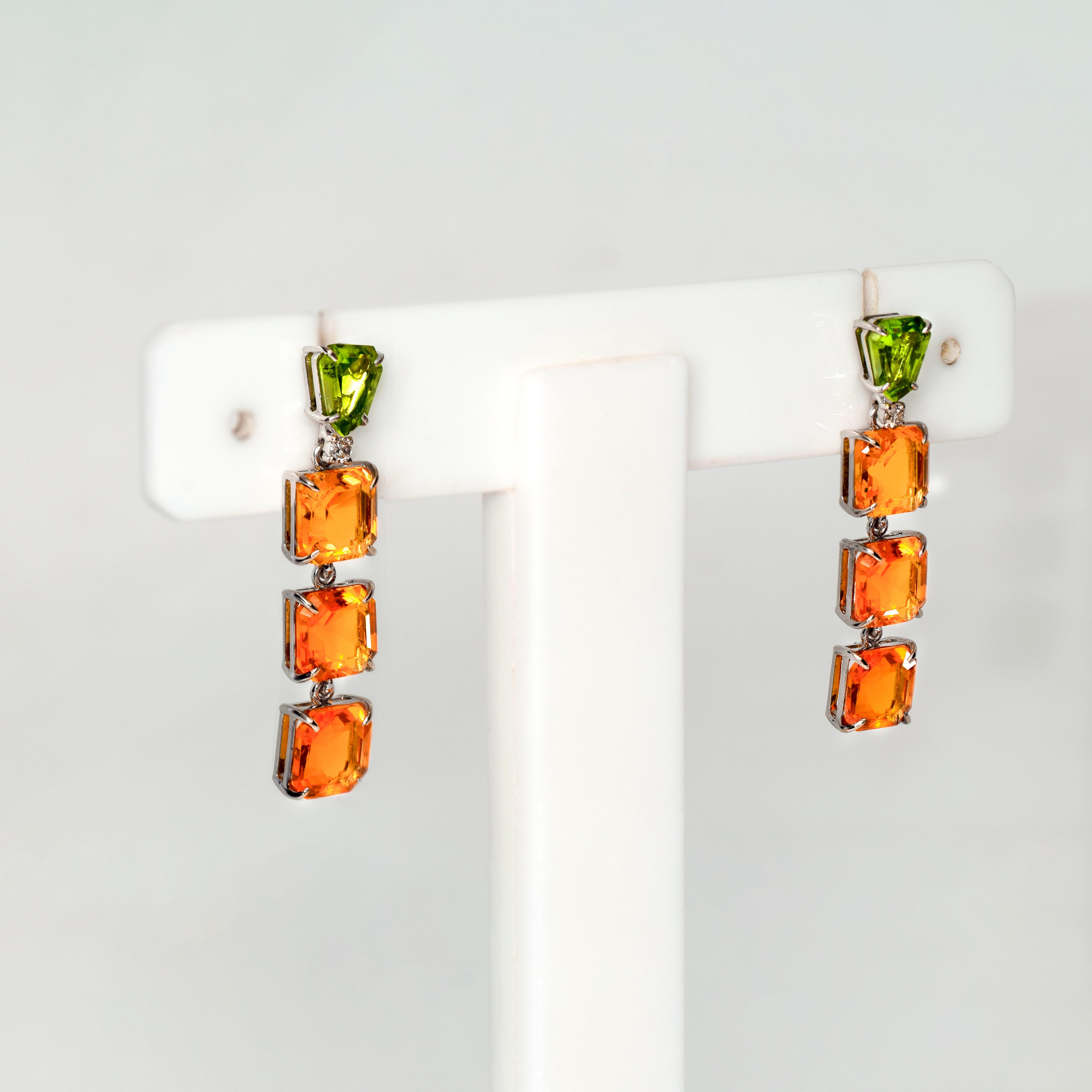 Emerald Cut *NRP*IGI 14K 6.86 Carat Orange Fire Opal&Peridot Antique Art Deco Drop Earrings