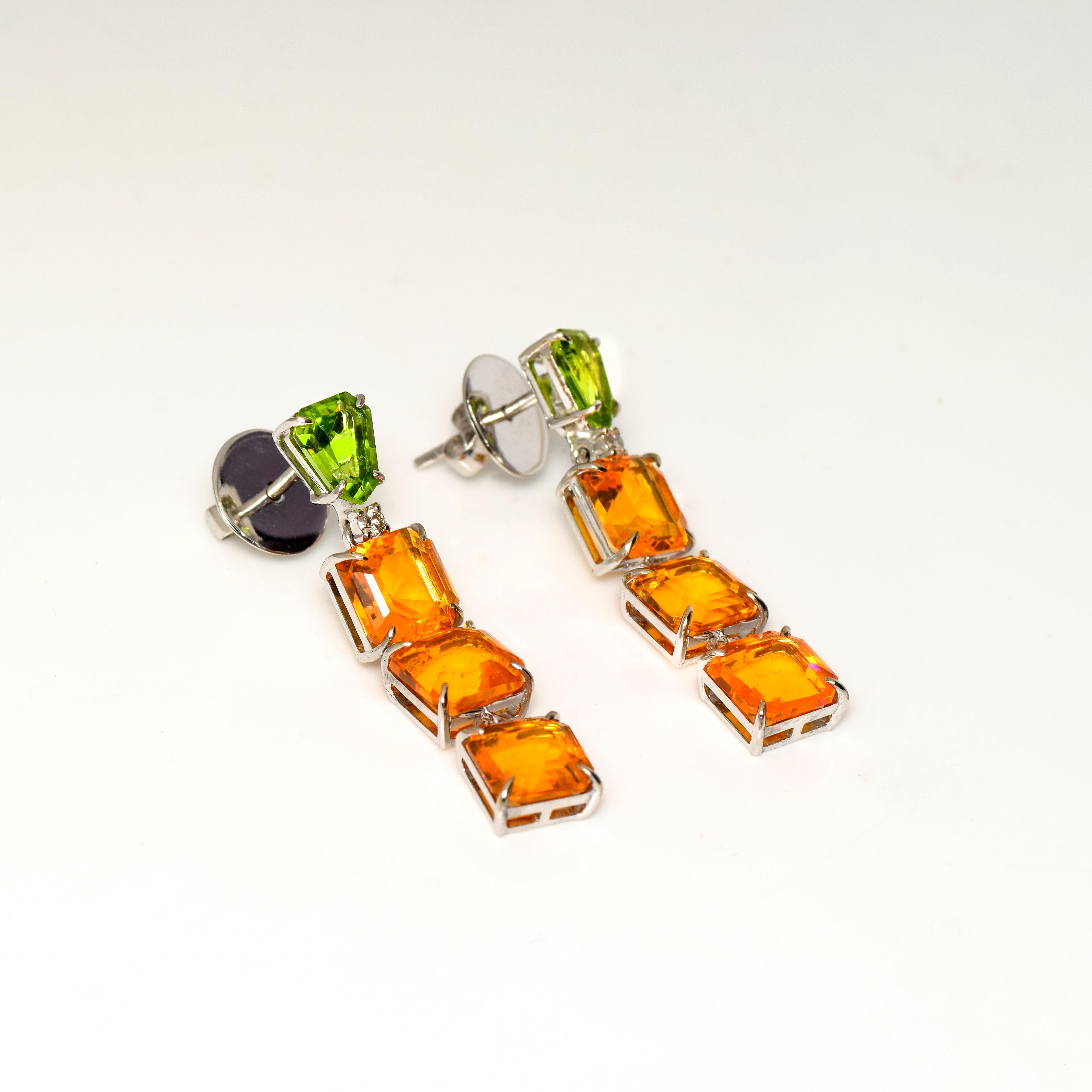 *NRP*IGI 14K 6.86 Carat Orange Fire Opal&Peridot Antique Art Deco Drop Earrings 1
