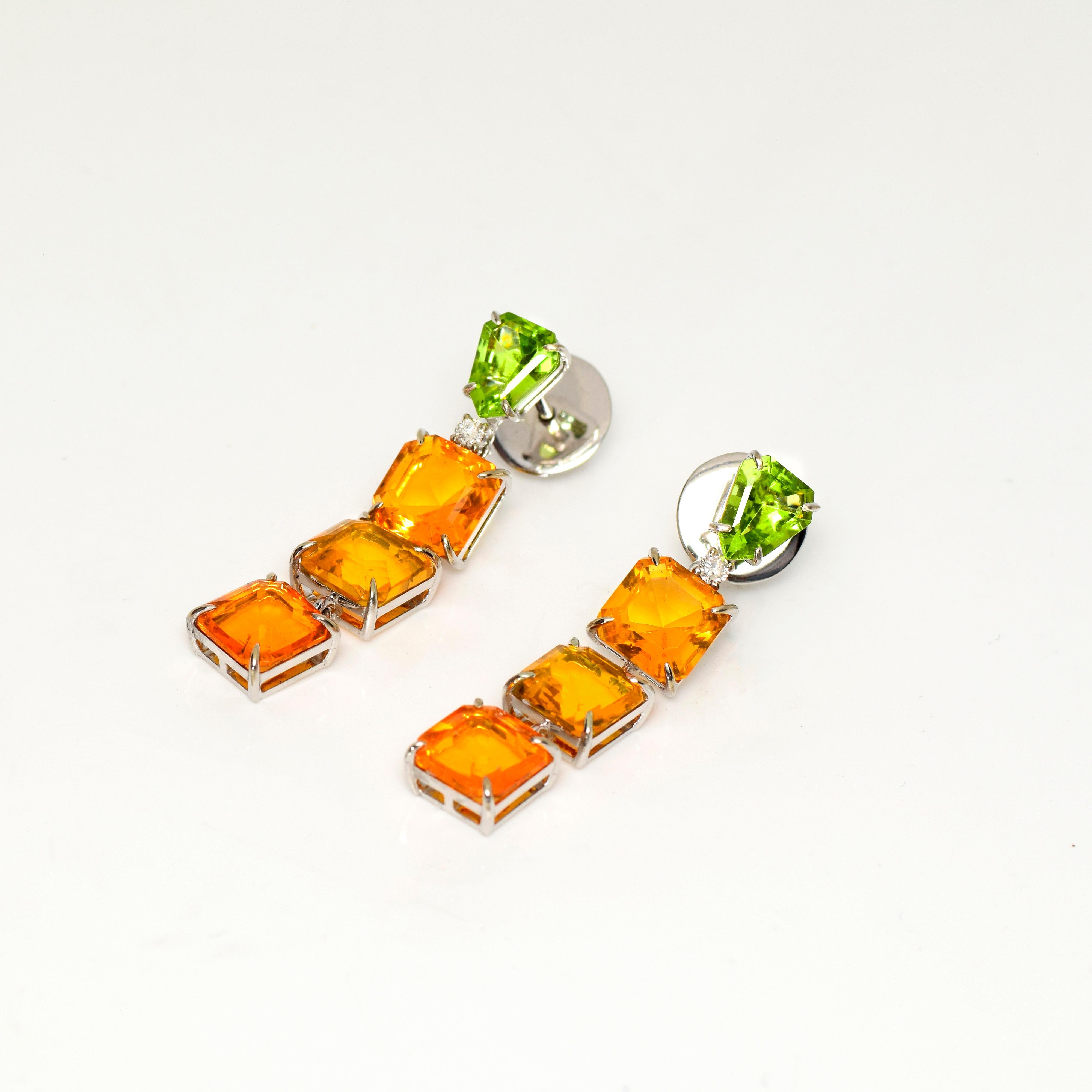 *NRP*IGI 14K 6.86 Carat Orange Fire Opal&Peridot Antique Art Deco Drop Earrings 2