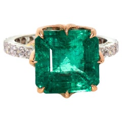 *NRP*IGI 14K 7.73 ct Natural Green Emerald&Pink Diamond Art Deco Engagement Ring