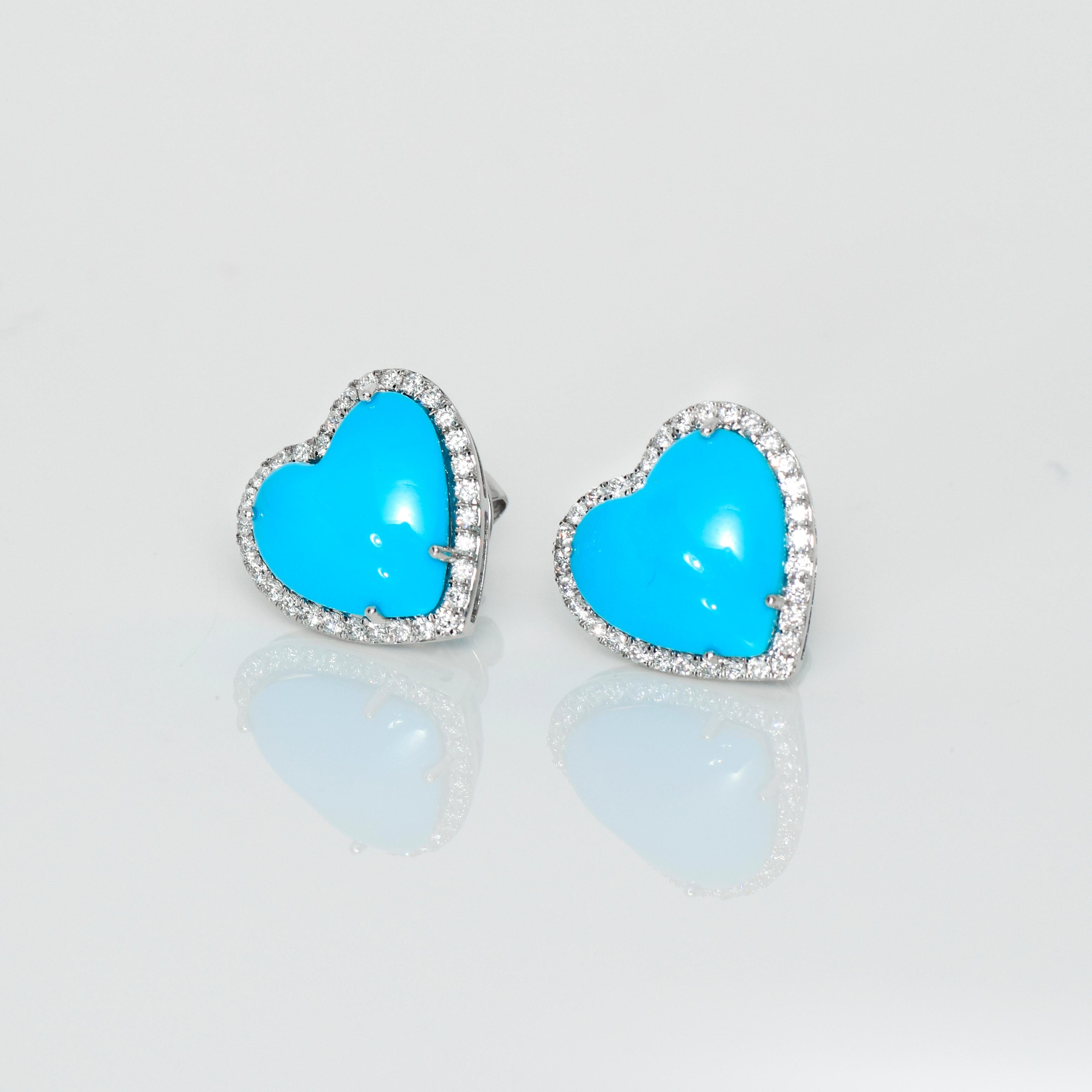 Heart Cut *NRP* IGI 14k 8.27 Carat Turquoise&Diamonds Antique Art Deco Stud Earrings