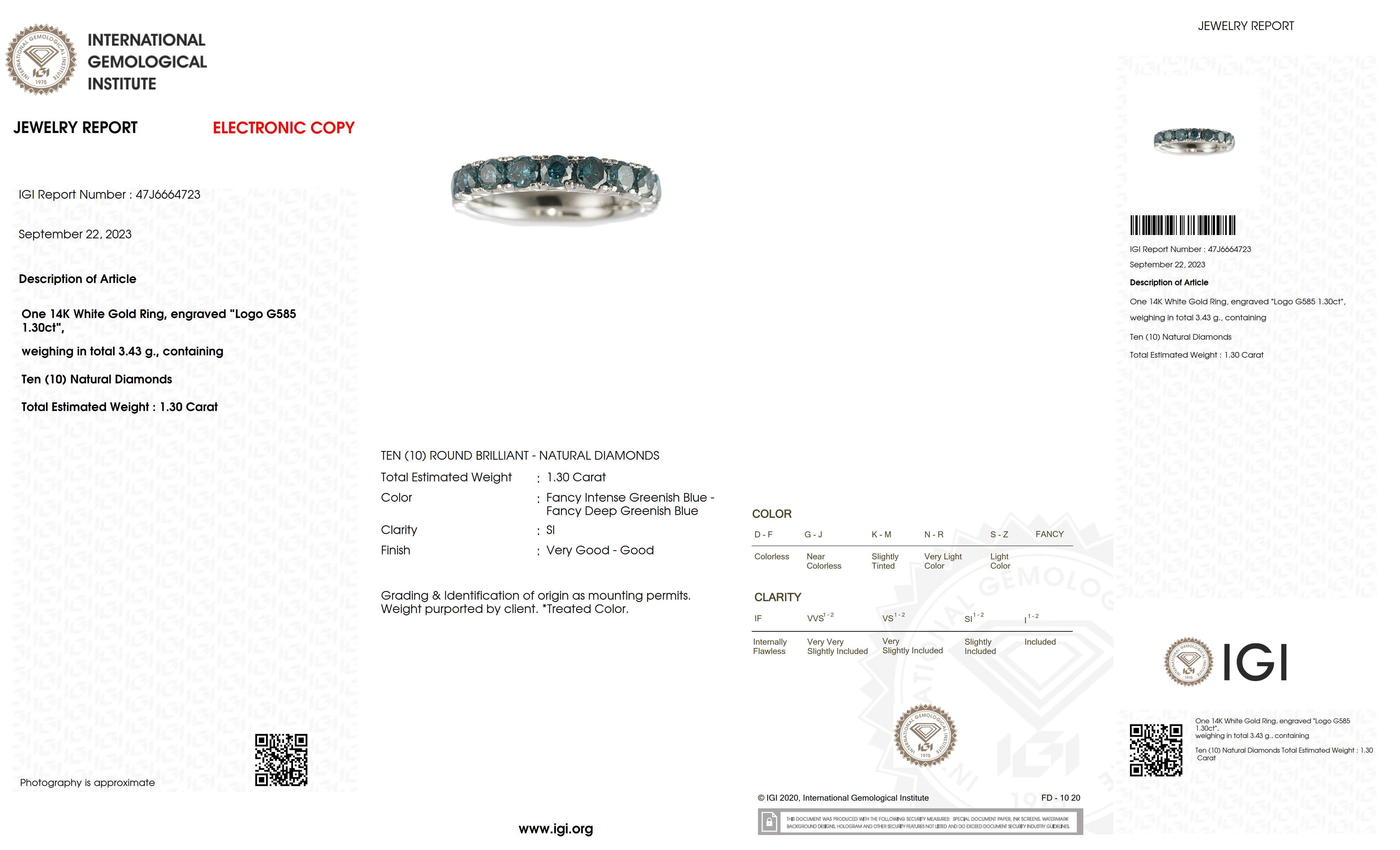 Contemporary *NRP* IGI 14k 1.30 Ct Natural Blue Diamonds Eternity  Engagement Ring