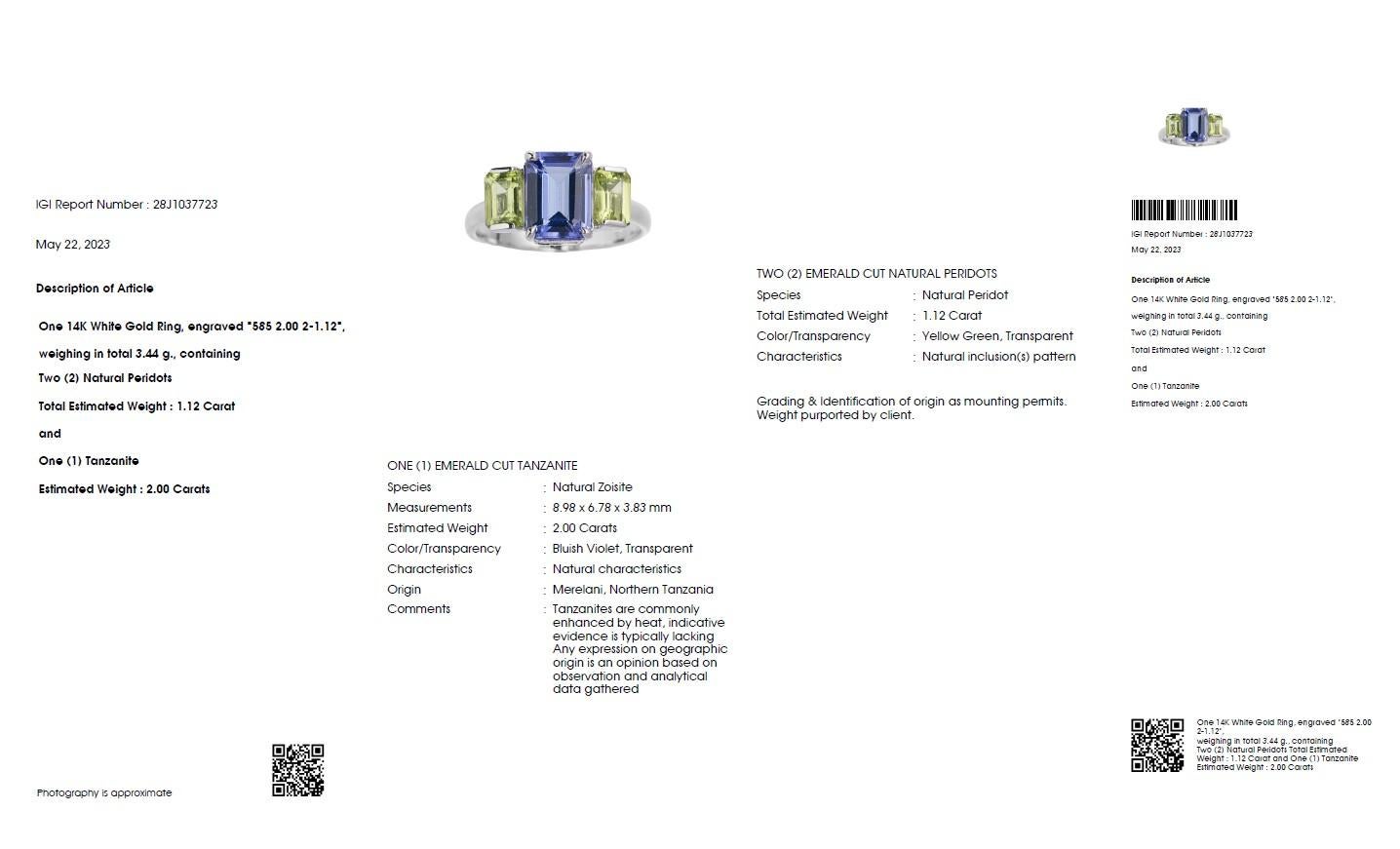 Emerald Cut *NRP* IGI 14k 2.00 Ct Tanzanite&Peridots Antique Art Deco Style Engagement Ring