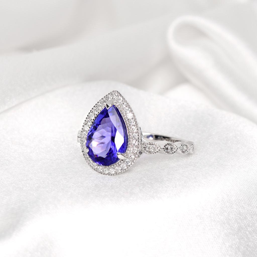 Pear Cut *Sale* IGI 14K 2.74 Ct Tanzanite&Diamonds Antique Art Deco Style Engagement Ring
