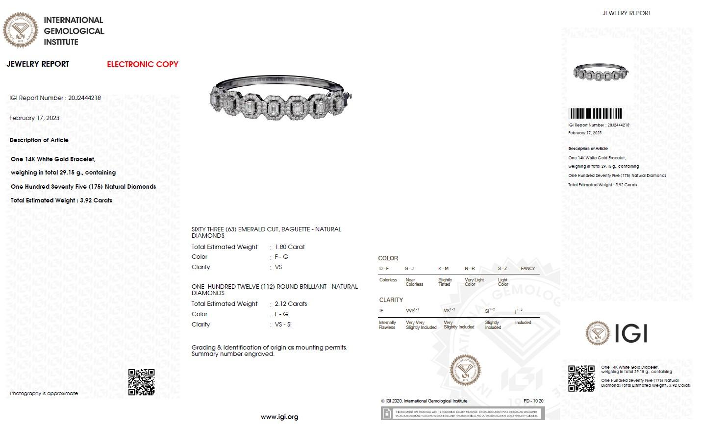 Contemporary IGI 14k 3.92 Carat Diamond Antique Art Deco Bangle Bracelet For Sale