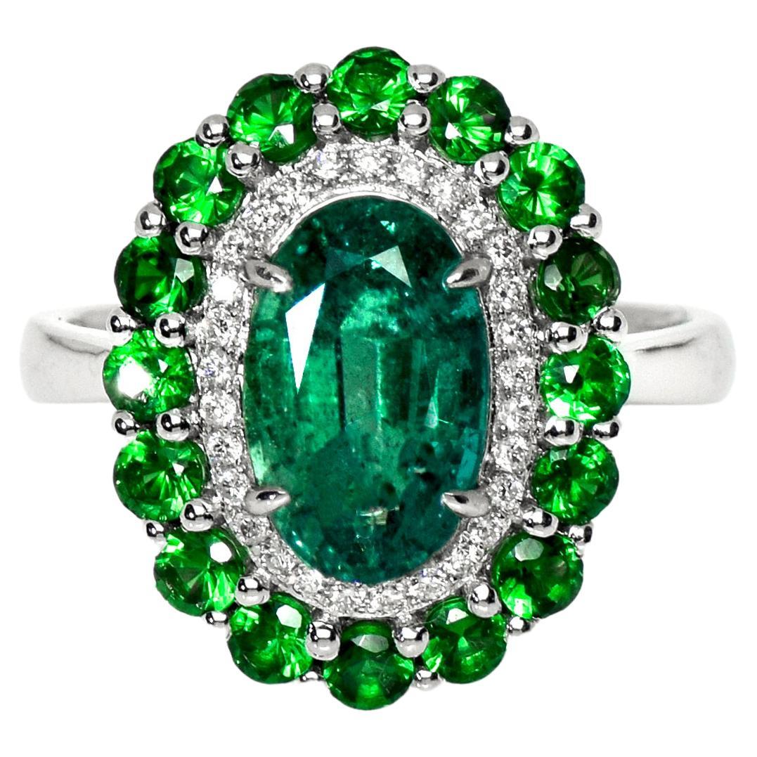 Bague de fiançailles IGI 18k 2.21 Ct Emerald&Tsavorite Antique Art Deco Style