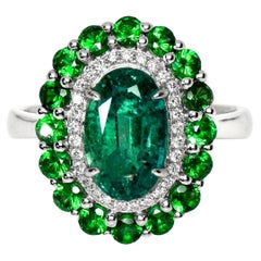 Bague de fiançailles IGI 18k 2.21 Ct Emerald&Tsavorite Antique Art Deco Style