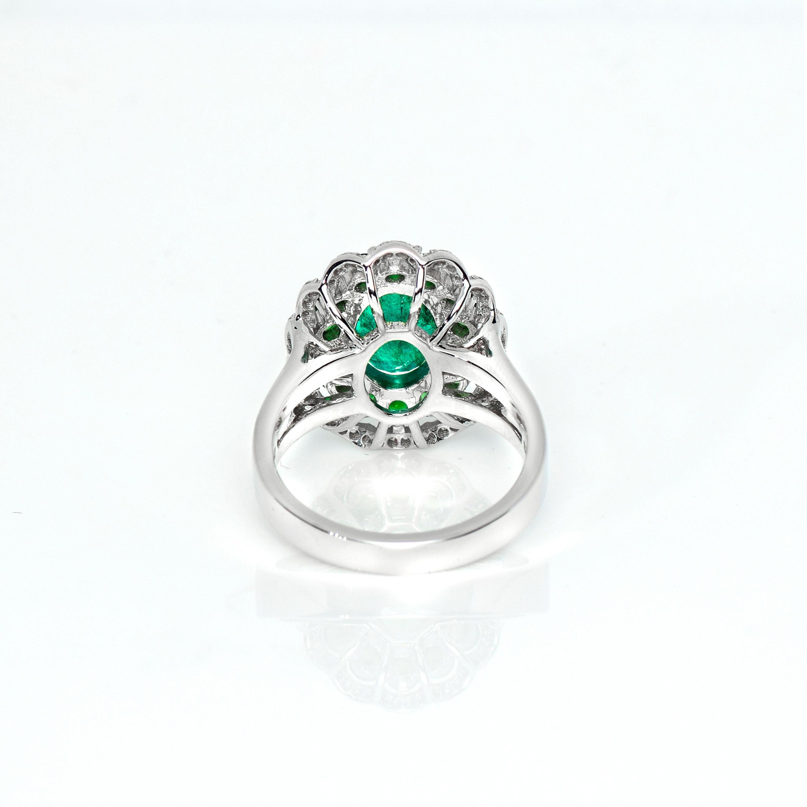 Oval Cut IGI 18k 2.47 Ct Emerald&Tsavorites Antique Art Deco Style Engagement Ring For Sale