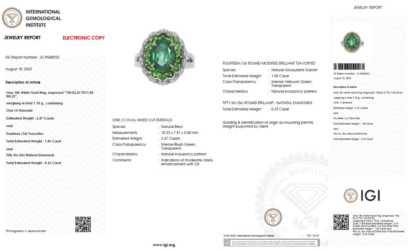 Women's IGI 18k 2.47 Ct Emerald&Tsavorites Antique Art Deco Style Engagement Ring For Sale